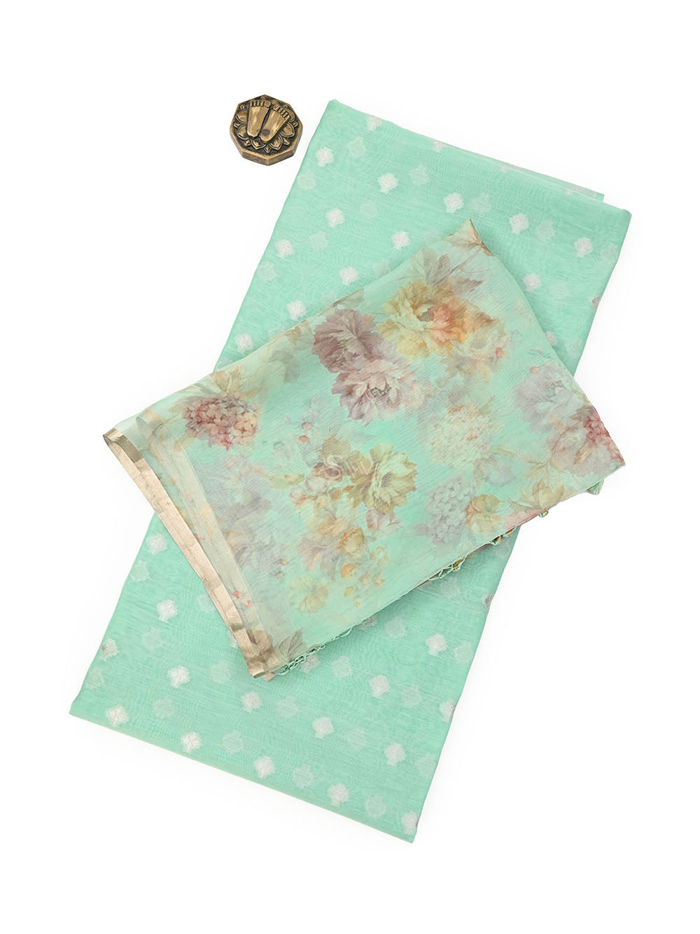 Sea Green Booti Cotton Silk Handloom Banarasi Suit - Sacred Weaves