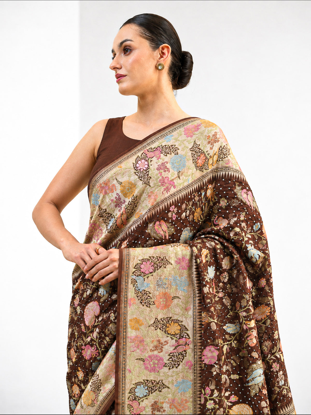 Dark Brown Meenakari Bandhani Silk Handloom Banarasi Saree - Sacred Weaves