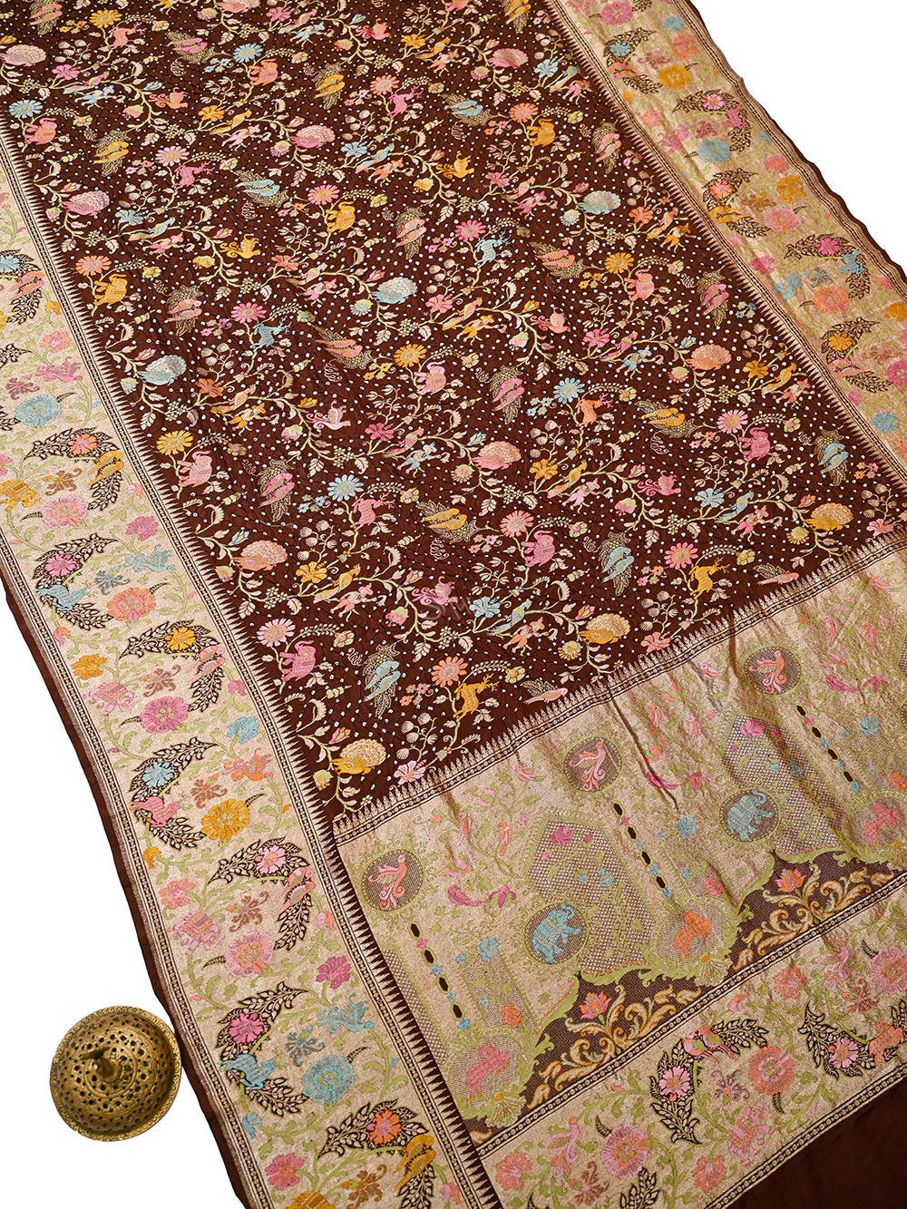 Dark Brown Meenakari Bandhani Silk Handloom Banarasi Saree - Sacred Weaves