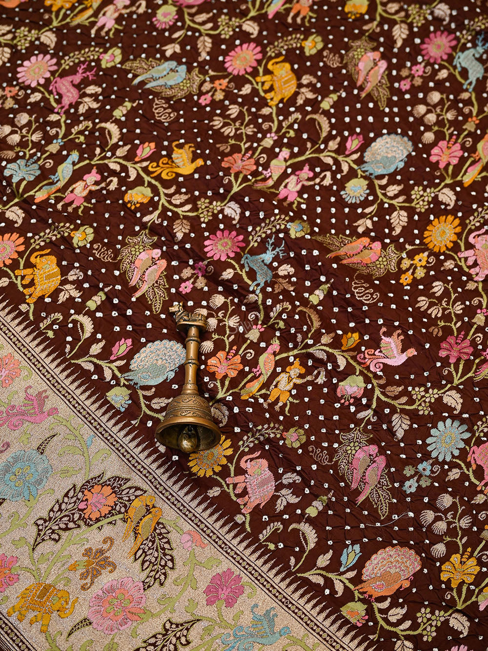 Dark Brown Meenakari Bandhani Silk Handloom Banarasi Saree - Sacred Weaves
