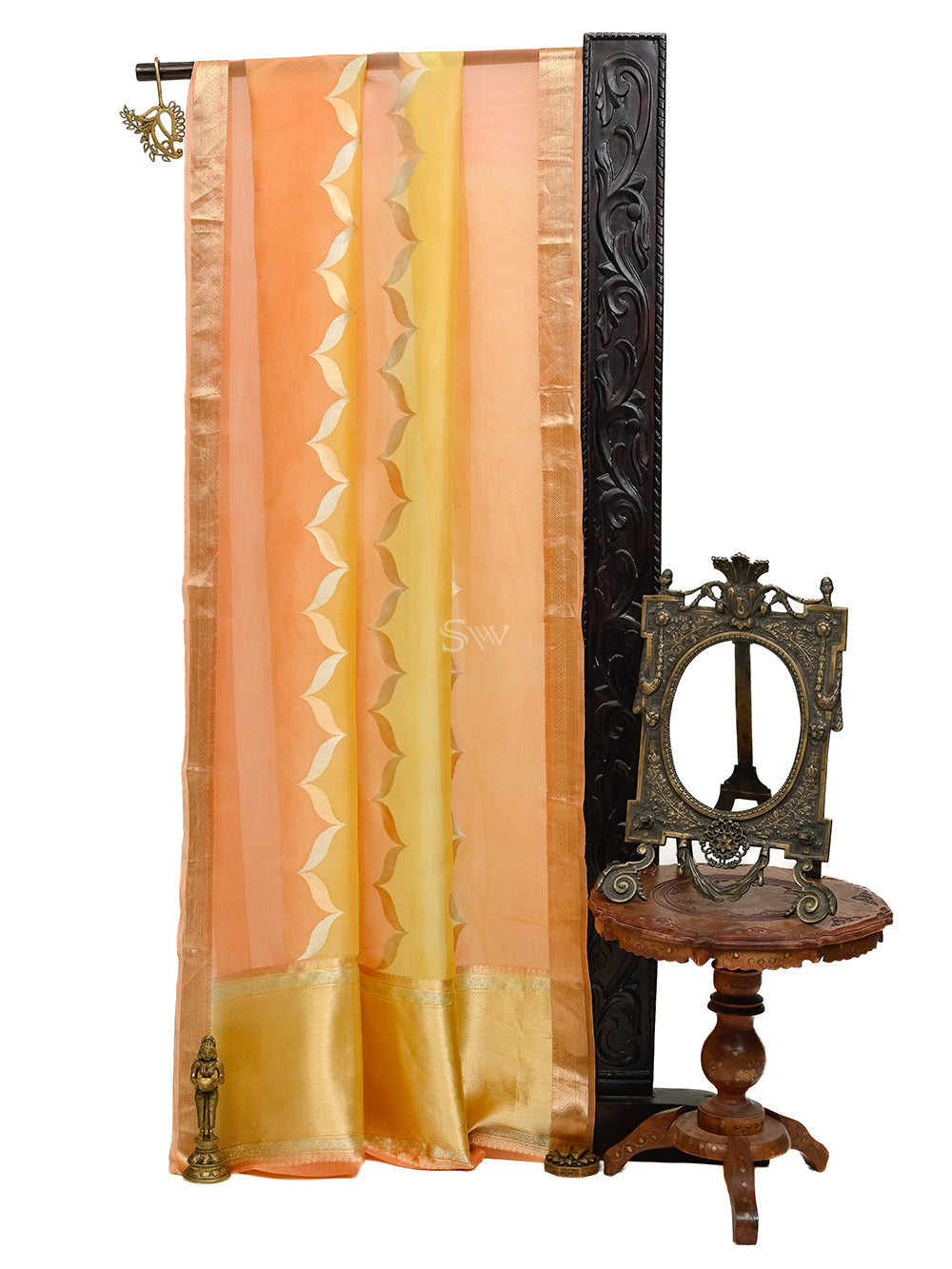 Peach Yellow Rangkat Organza Handloom Banarasi Saree - Sacred Weaves