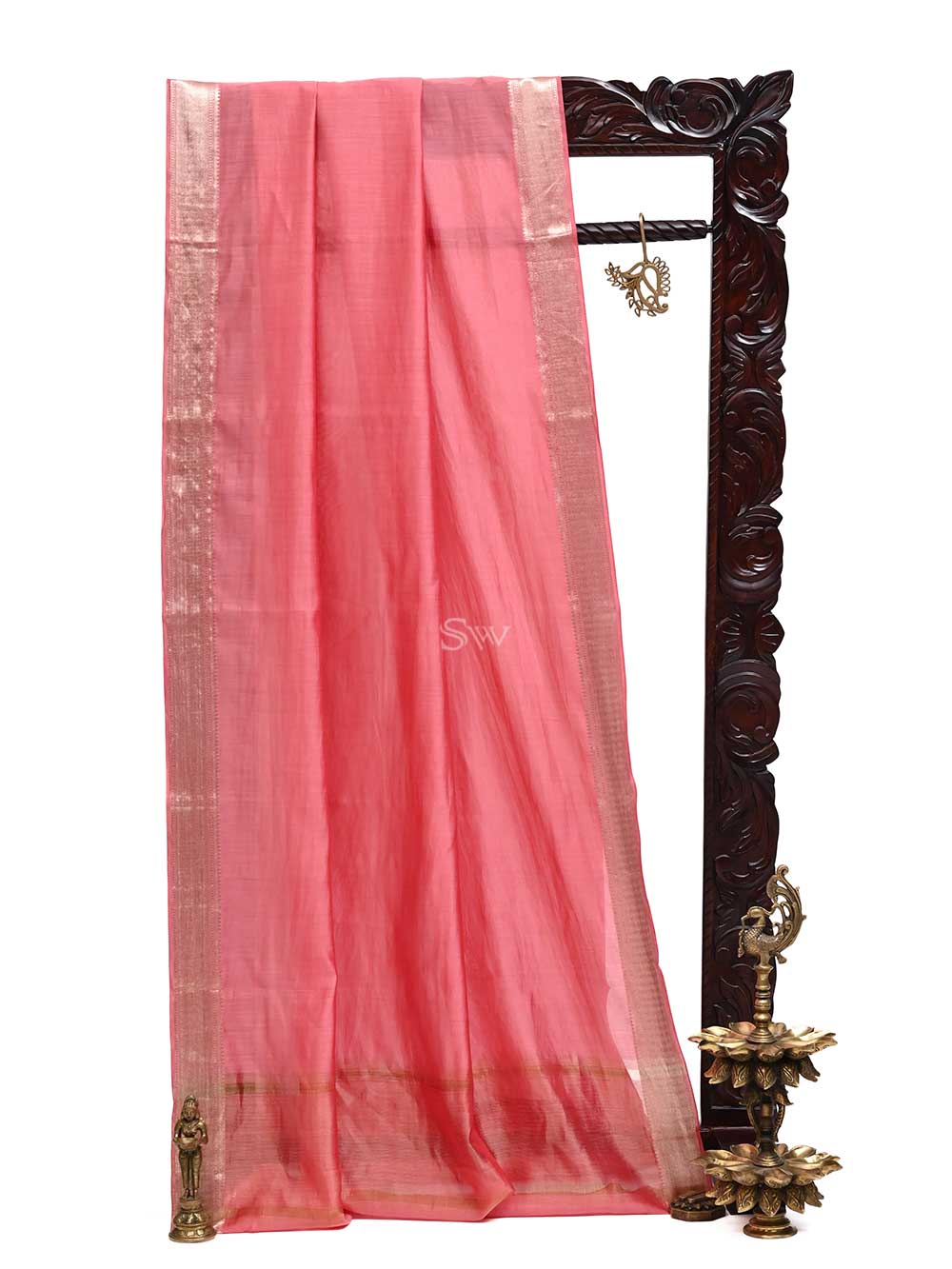 Coral Pink Chiniya Silk Handloom Banarasi Saree - Sacred Weaves