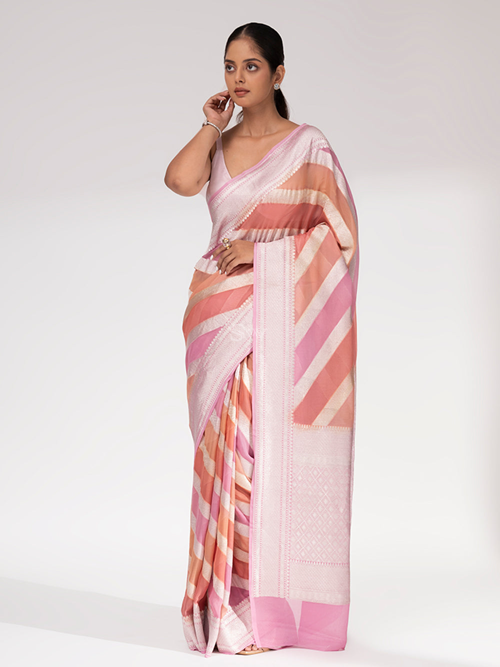 Peach Pink Rangkat Khaddi Georgette Handloom Banarasi Saree - Sacred Weaves