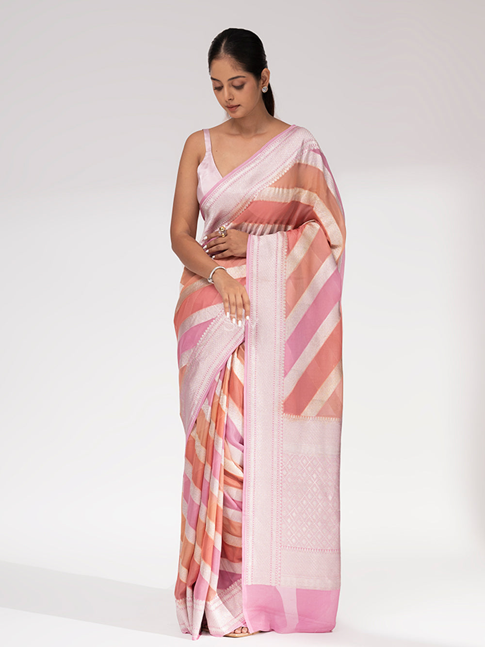 Peach Pink Rangkat Khaddi Georgette Handloom Banarasi Saree - Sacred Weaves