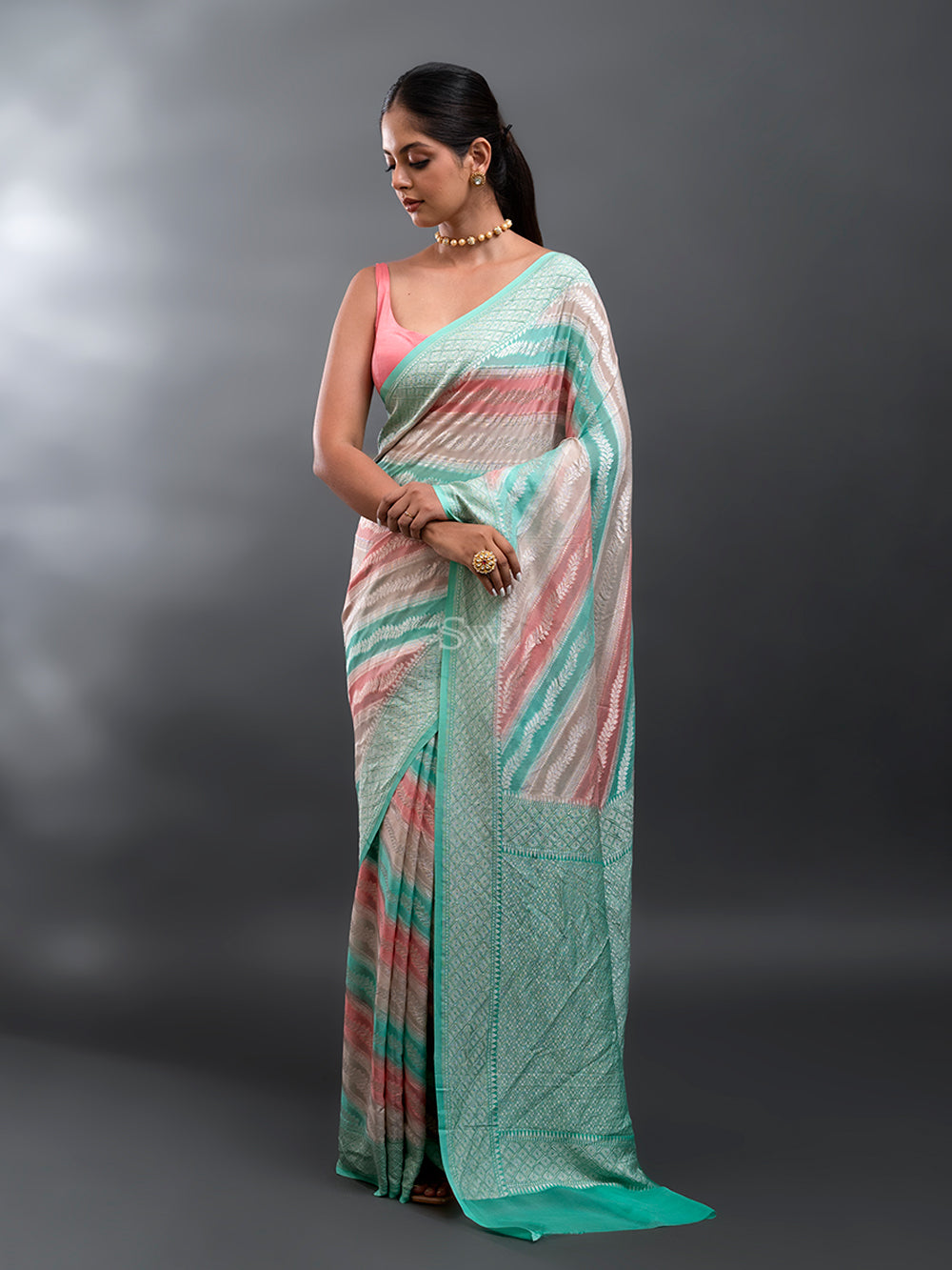 Pink Sea Green Rangkat Khaddi Georgette Handloom Banarasi Saree - Sacred Weaves