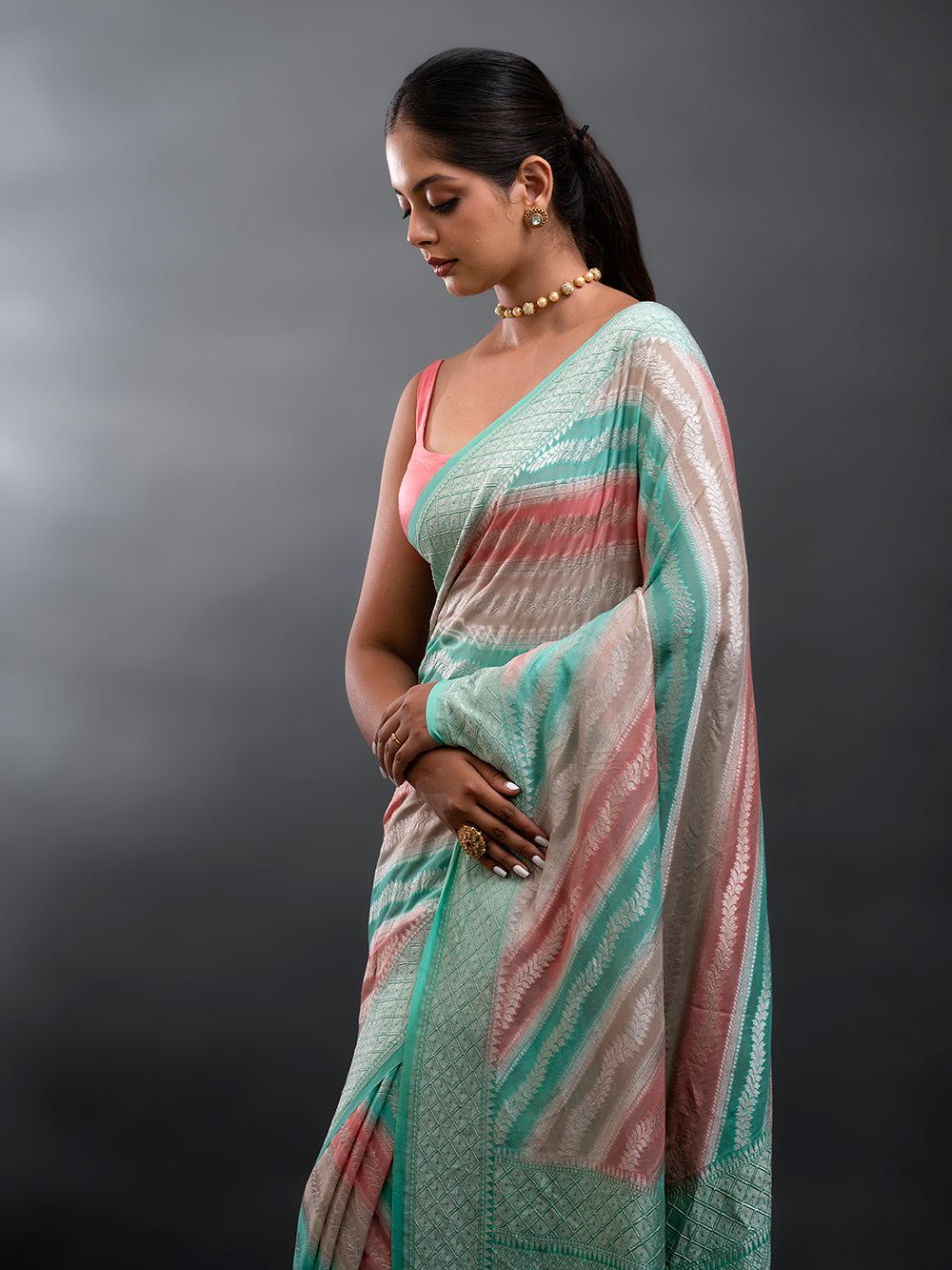 Pink Sea Green Rangkat Khaddi Georgette Handloom Banarasi Saree - Sacred Weaves