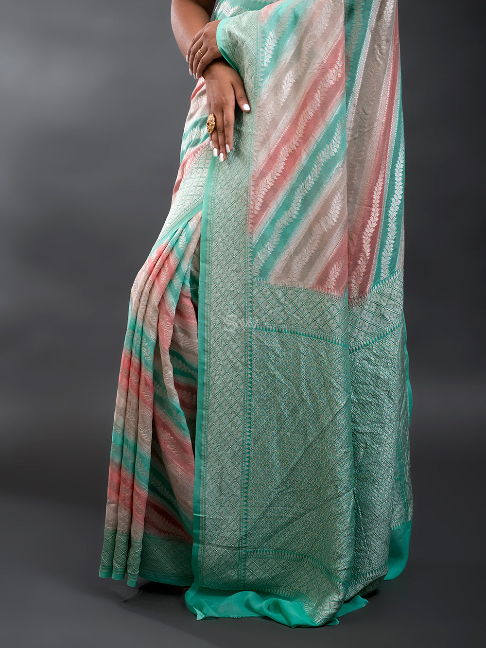 Pink Sea Green Rangkat Khaddi Georgette Handloom Banarasi Saree - Sacred Weaves