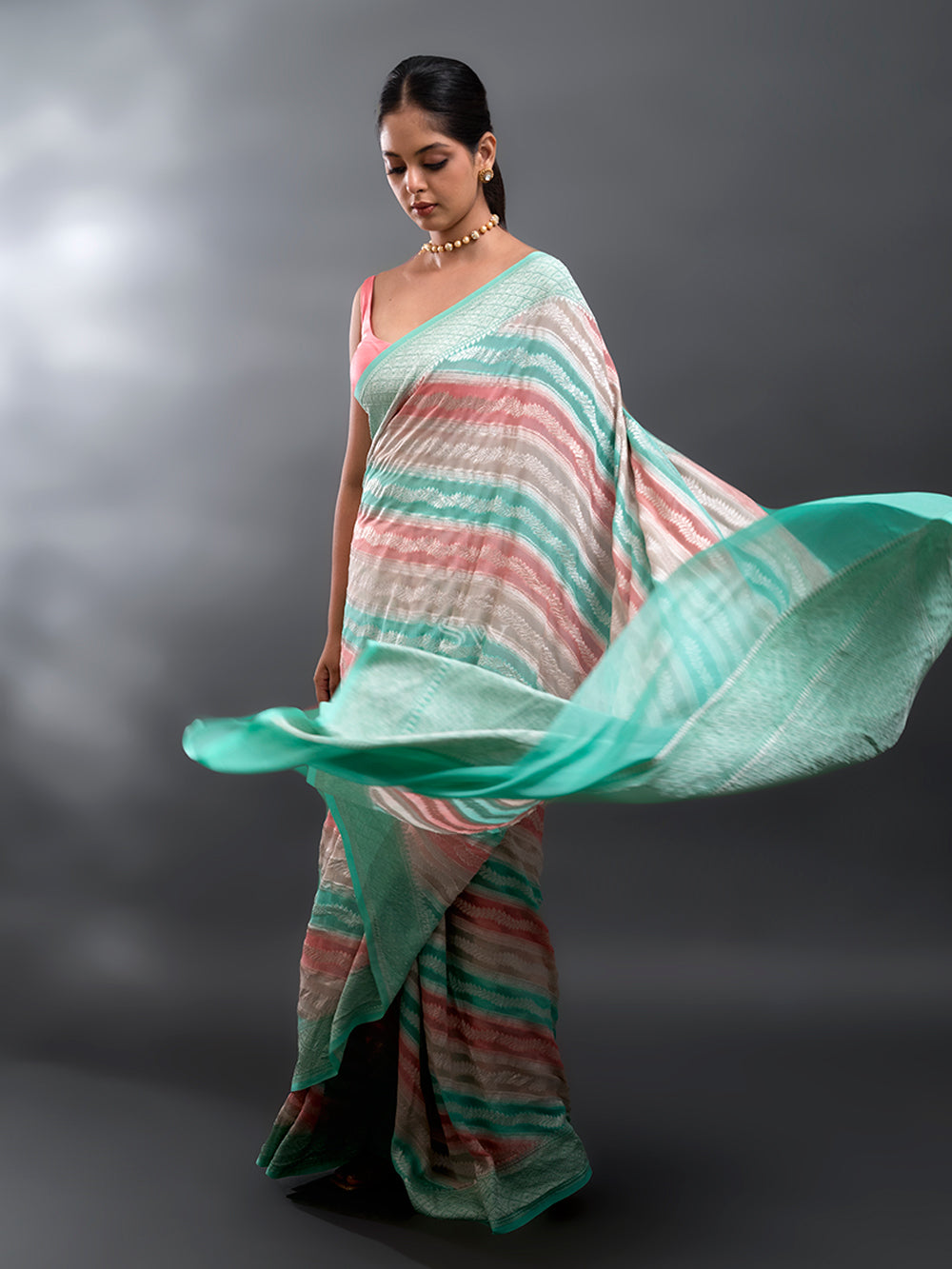 Pink Sea Green Rangkat Khaddi Georgette Handloom Banarasi Saree - Sacred Weaves