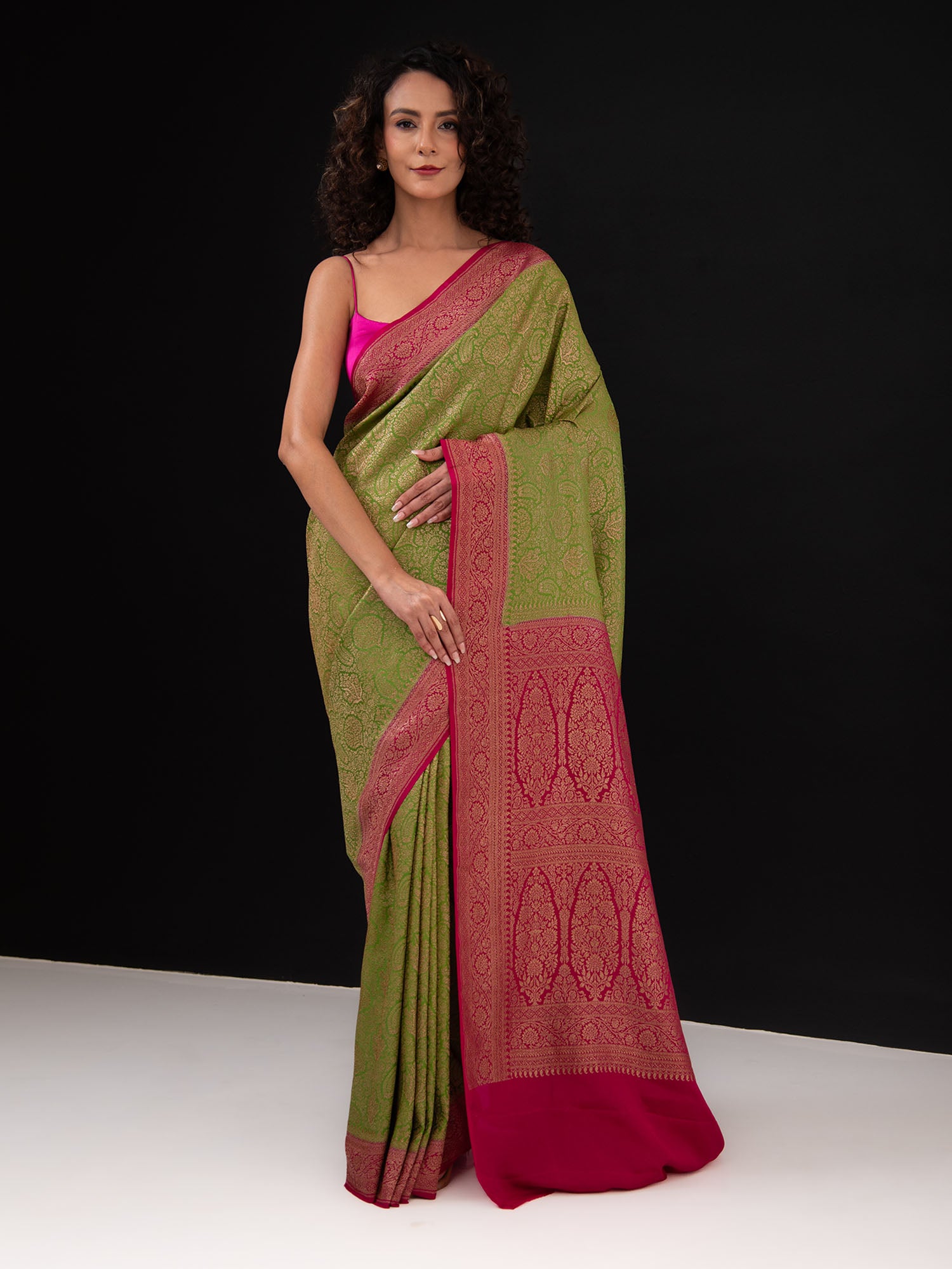 Parrot Green Jaal Crepe Silk Handloom Banarasi Saree - Sacred Weaves