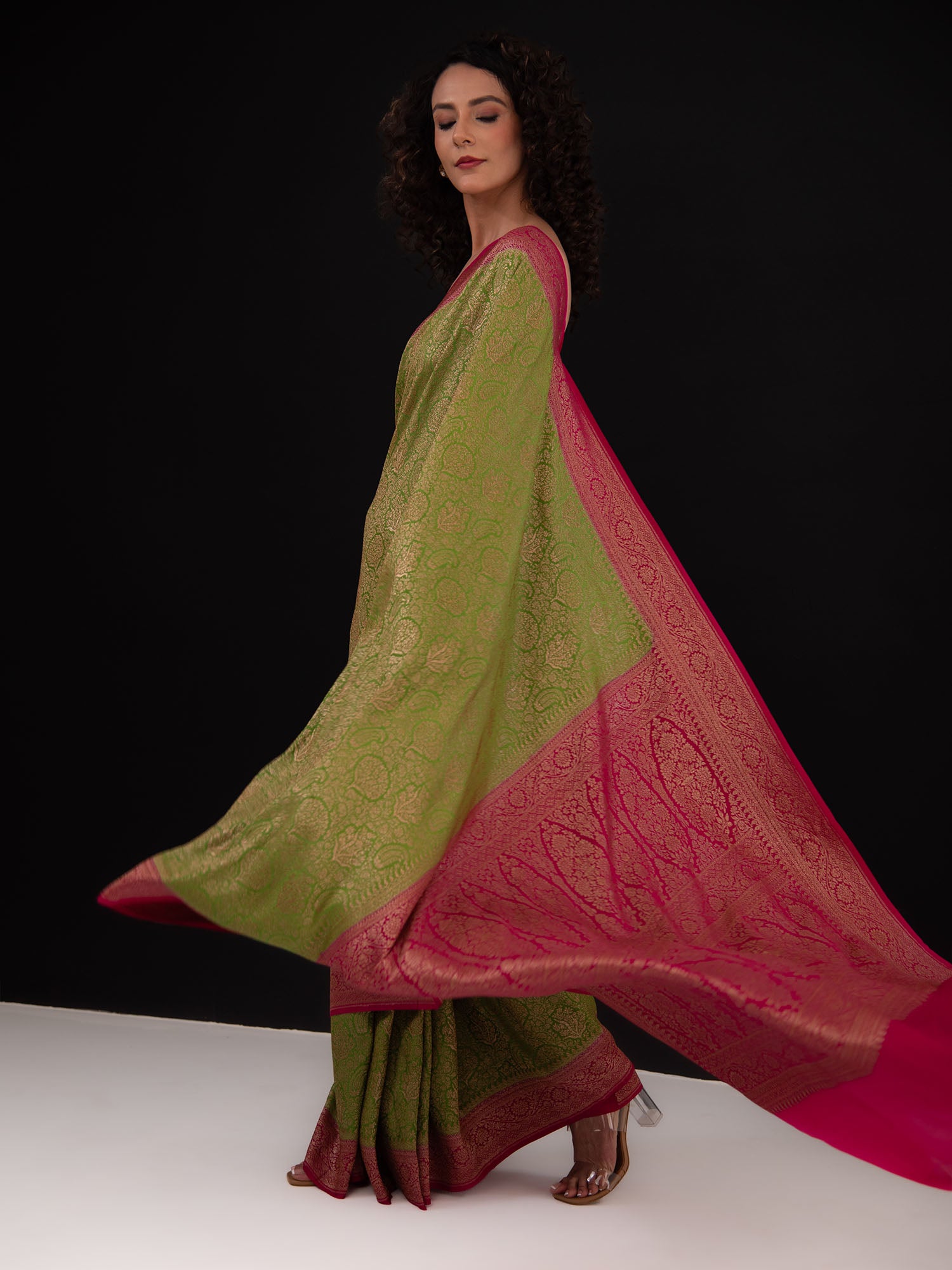 Parrot Green Jaal Crepe Silk Handloom Banarasi Saree - Sacred Weaves