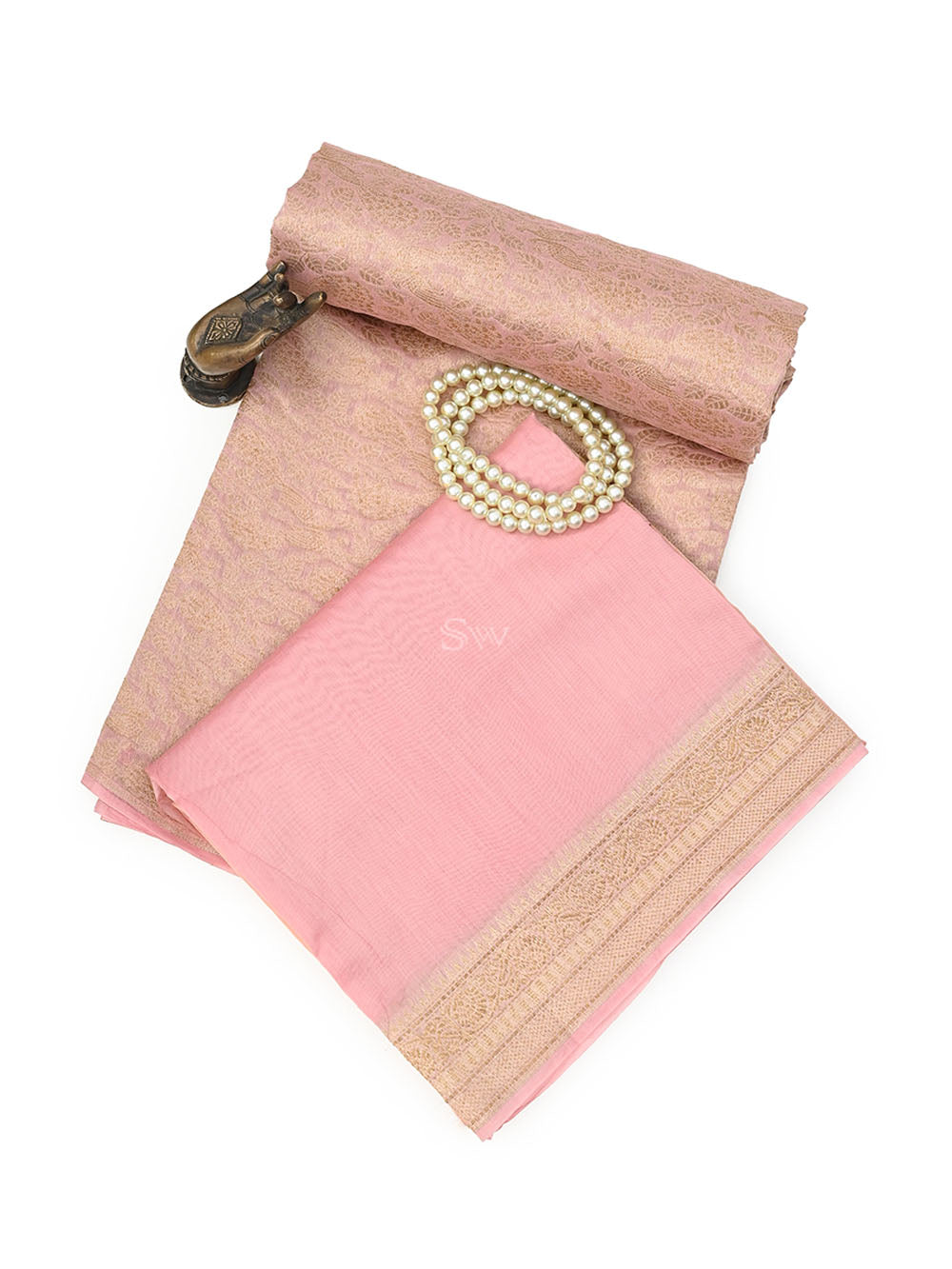 Pastel Pink Brocade Cotton Silk Handloom Banarasi Suit - Sacred Weaves