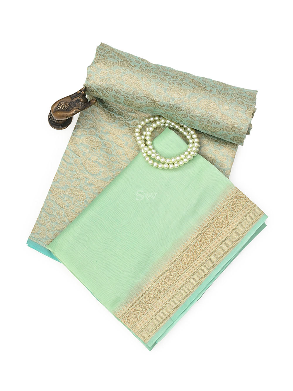 Aqua Green Brocade Cotton Silk Handloom Banarasi Suit - Sacred Weaves