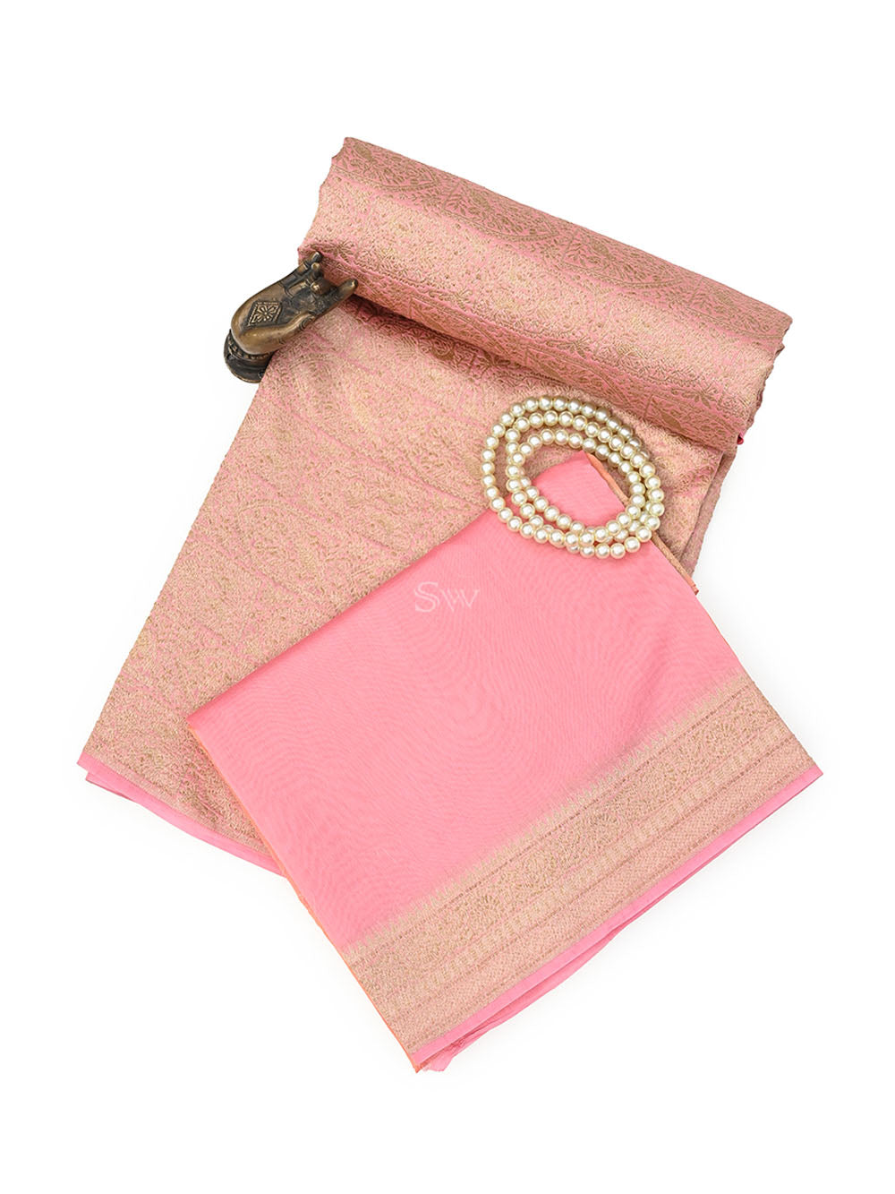 Pastel Pink Brocade Cotton Silk Handloom Banarasi Suit - Sacred Weaves