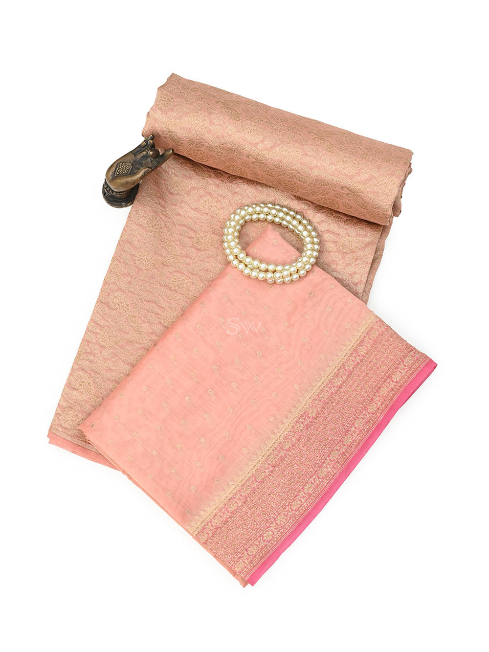 Pastel Peach Brocade Cotton Silk Handloom Banarasi Suit