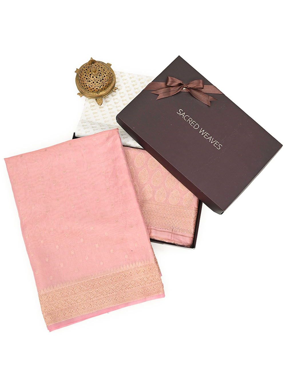 Pastel Pink Booti Cotton Tissue Silk Handloom Banarasi Suit - Gift Box - Sacred Weaves