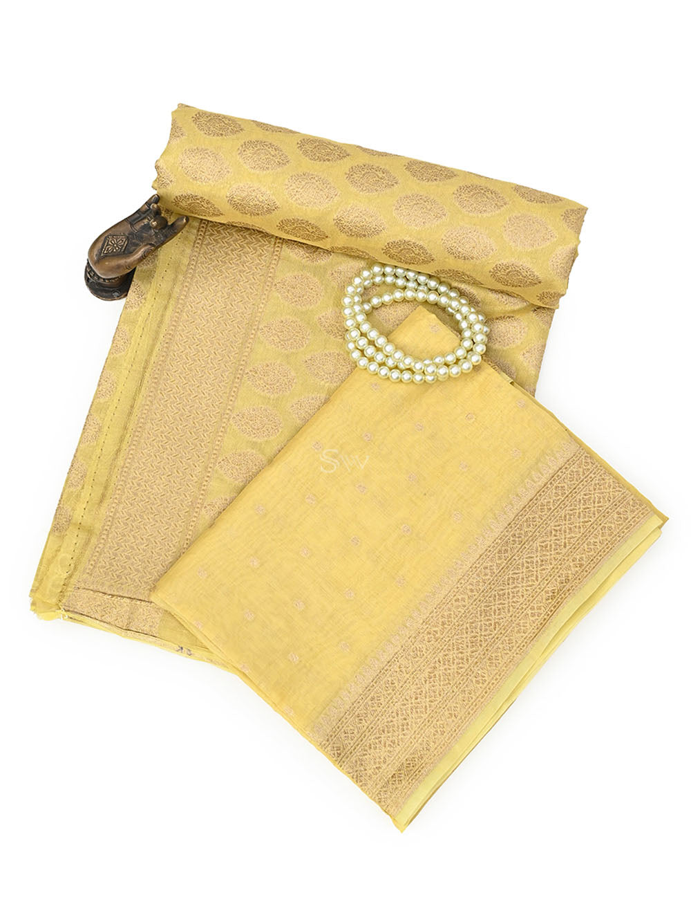 Yellow Booti Cotton Tissue Silk Handloom Banarasi Suit - Sacred Weaves