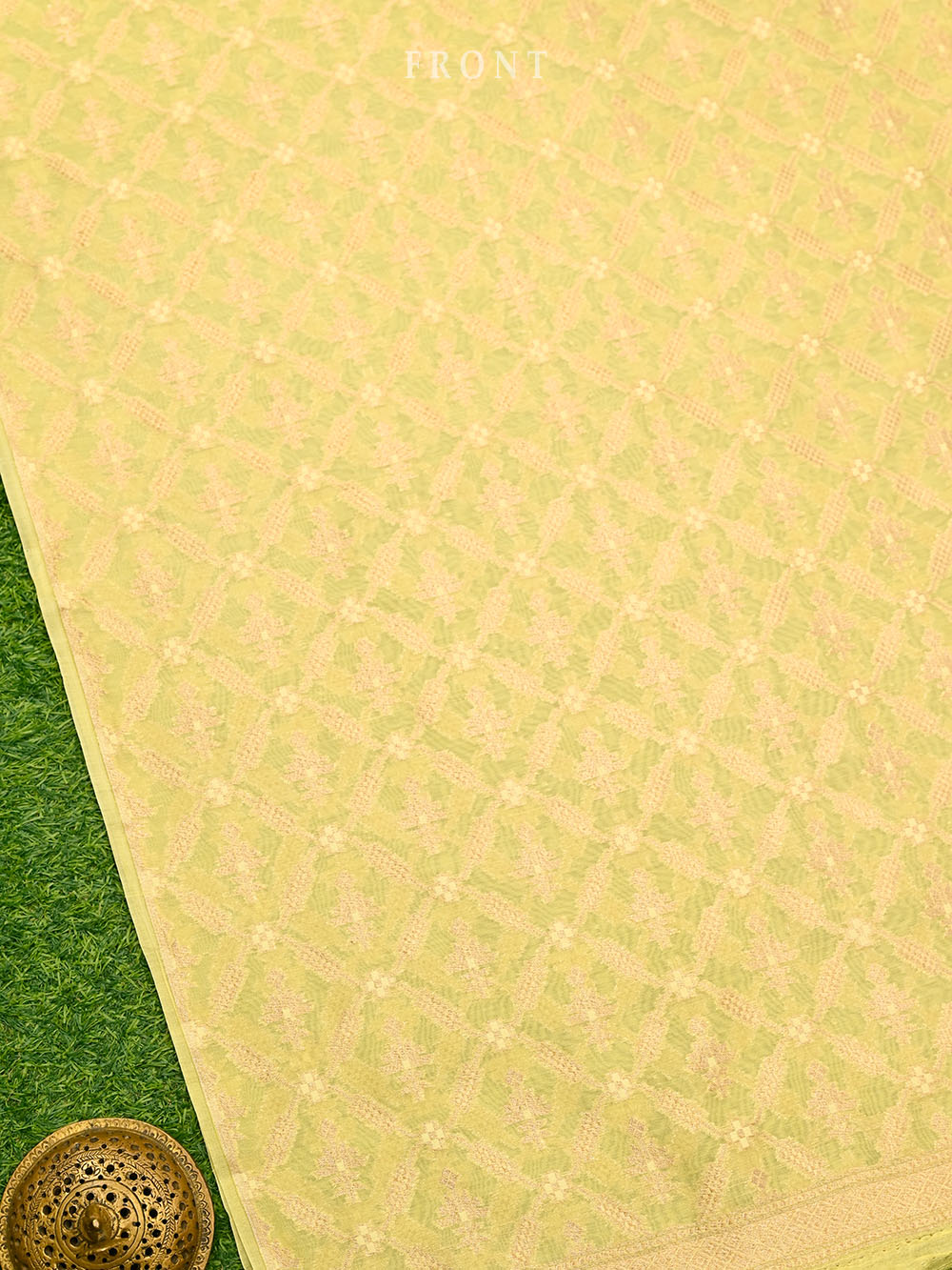 Lime Yellow Jaal Cotton Silk Handloom Banarasi Suit - Sacred Weaves