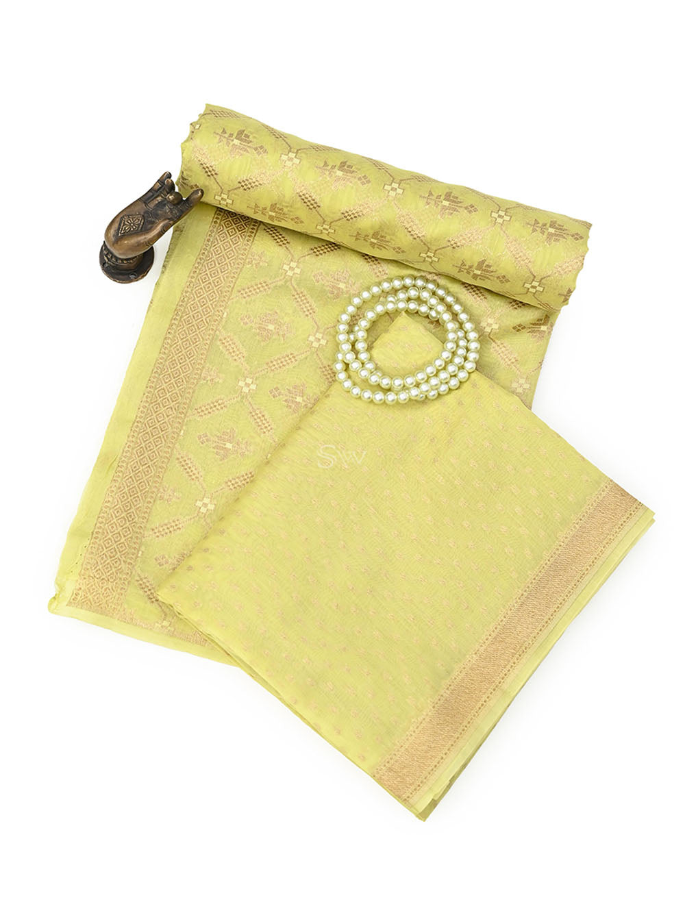 Lime Yellow Jaal Cotton Silk Handloom Banarasi Suit - Sacred Weaves