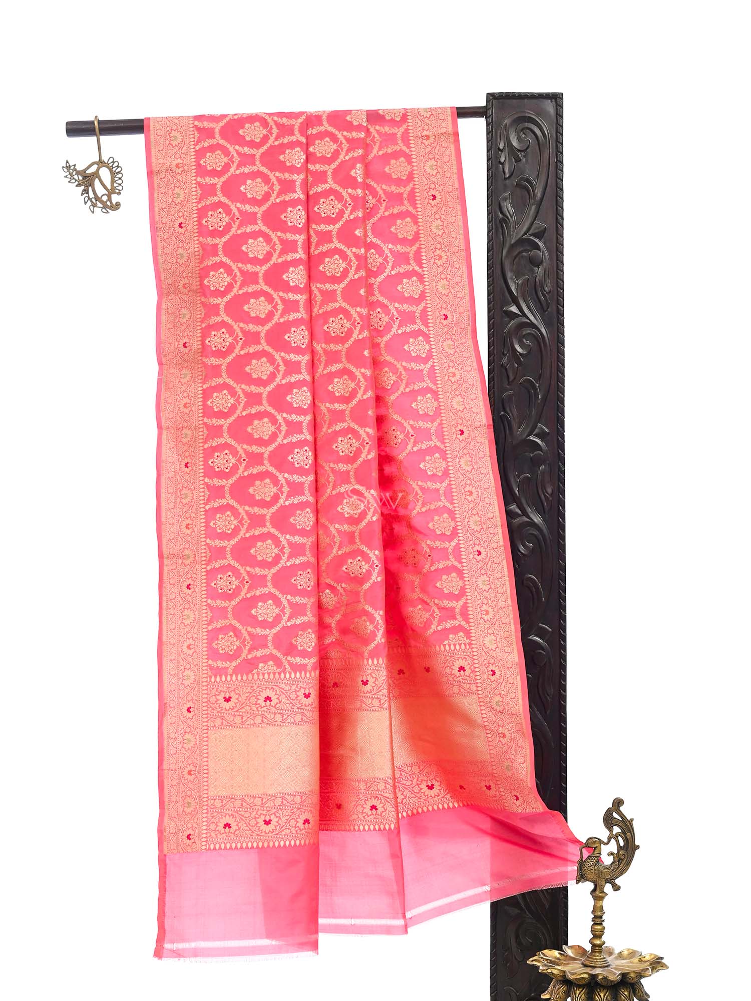Pastel Pink Meenakari Jaal Katan Silk Handloom Banarasi Dupatta - Sacred Weaves