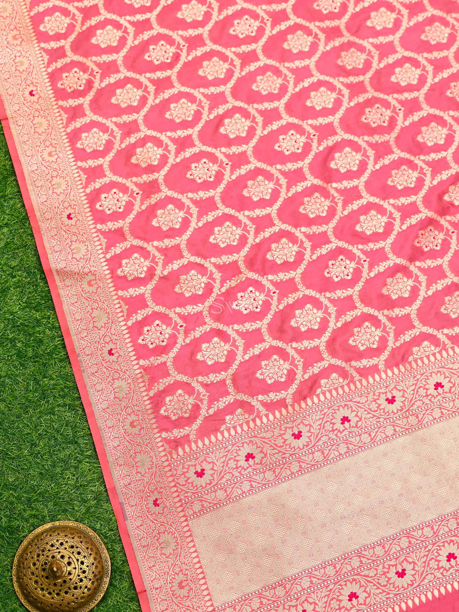 Pastel Pink Meenakari Jaal Katan Silk Handloom Banarasi Dupatta - Sacred Weaves