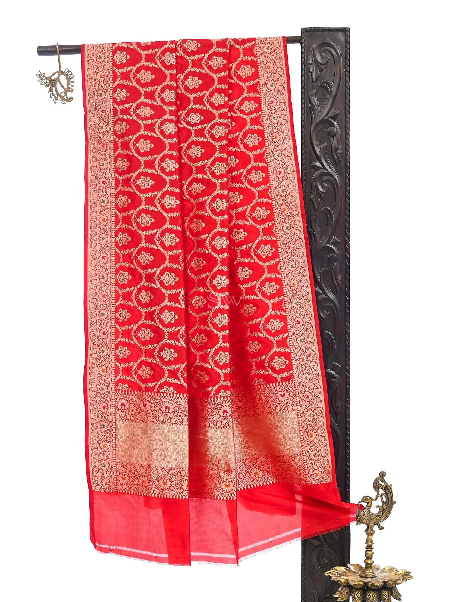 Red Meenakari Jaal Katan Silk Handloom Banarasi Dupatta - Sacred Weaves