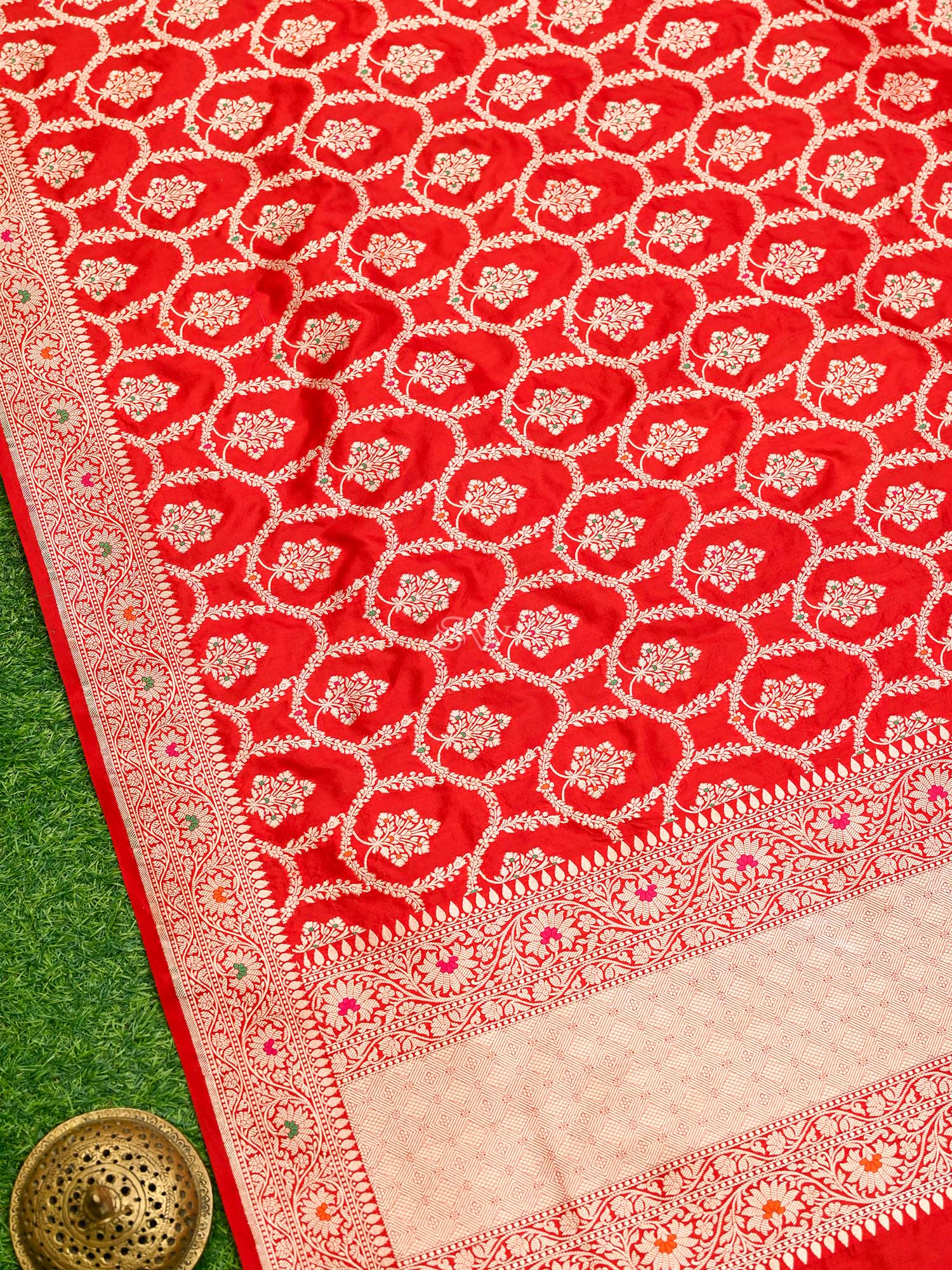 Red Meenakari Jaal Katan Silk Handloom Banarasi Dupatta - Sacred Weaves