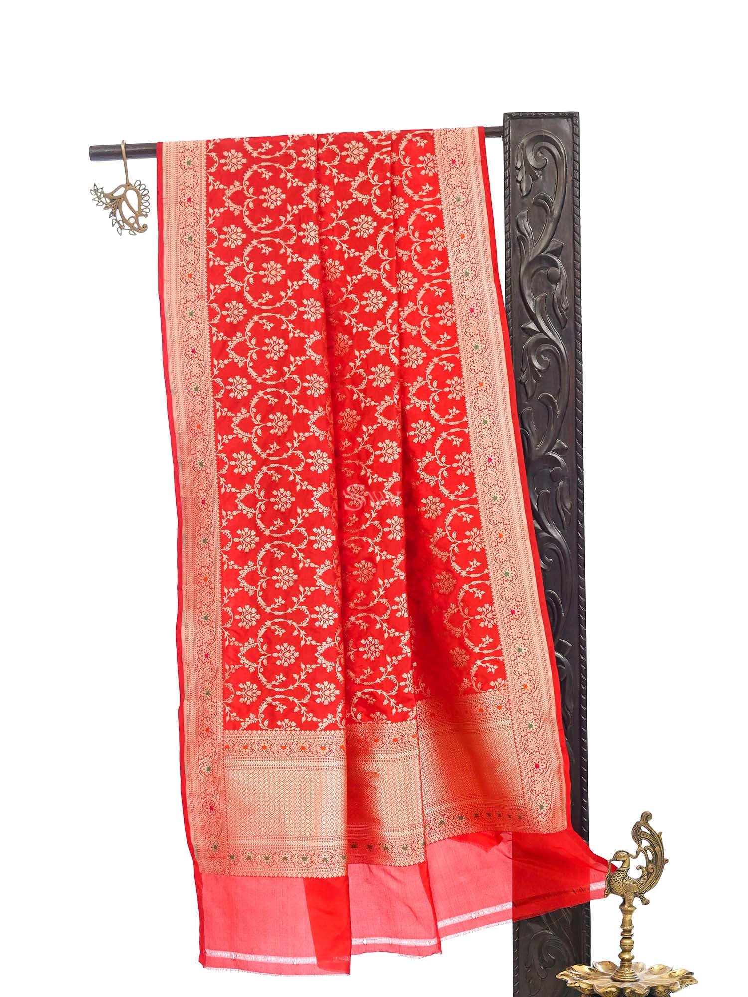 Red Meenakari Jaal Katan Silk Handloom Banarasi Dupatta - Sacred Weaves