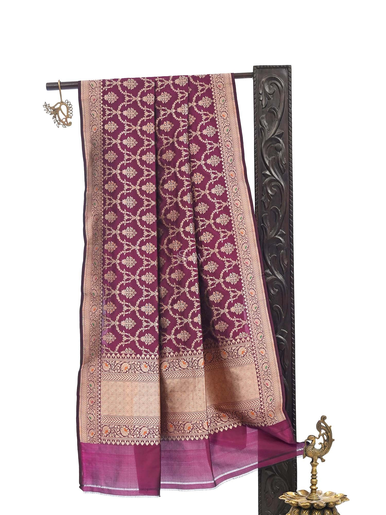 Wine Meenakari Jaal Katan Silk Handloom Banarasi Dupatta - Sacred Weaves