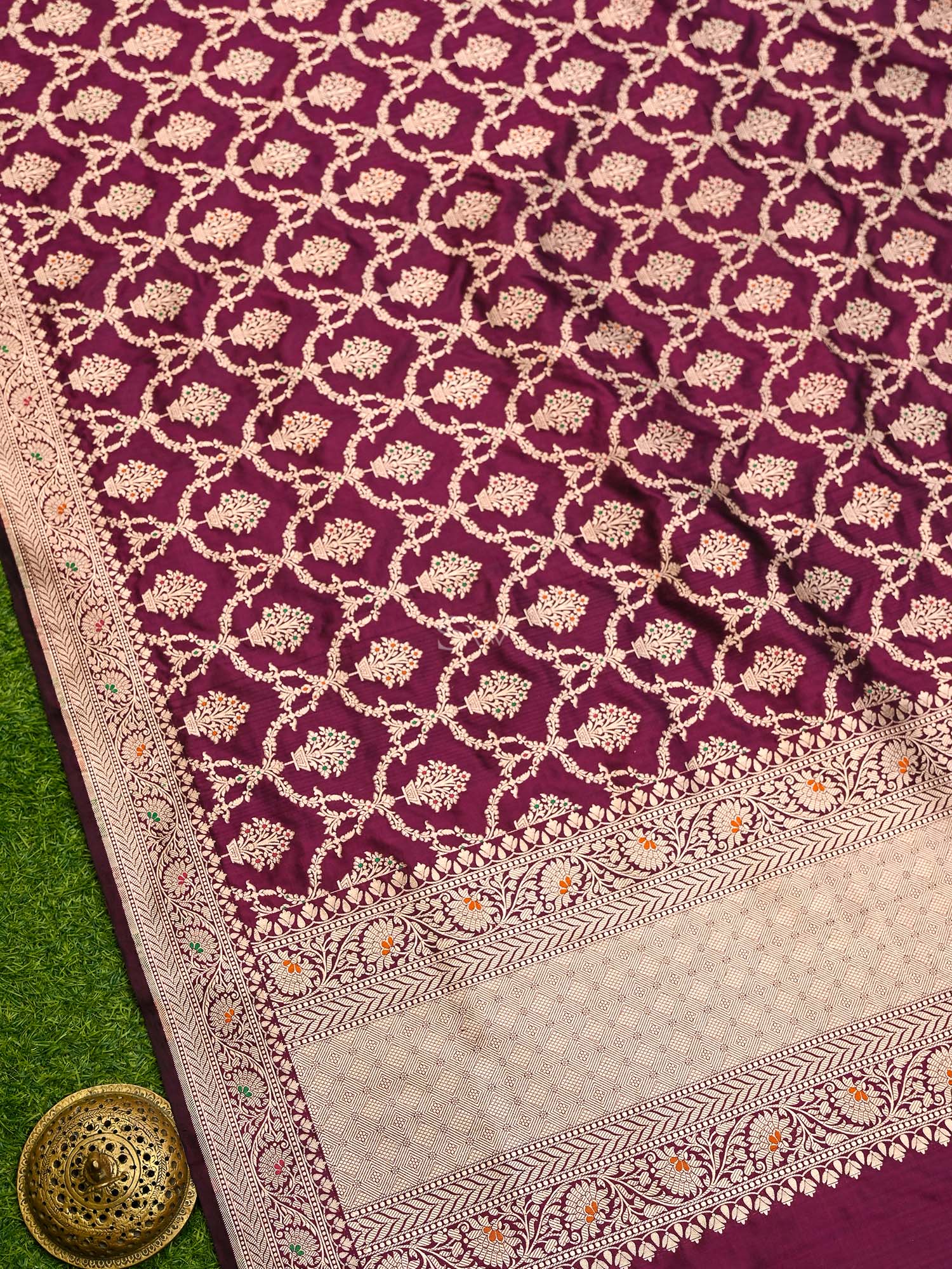 Wine Meenakari Jaal Katan Silk Handloom Banarasi Dupatta - Sacred Weaves