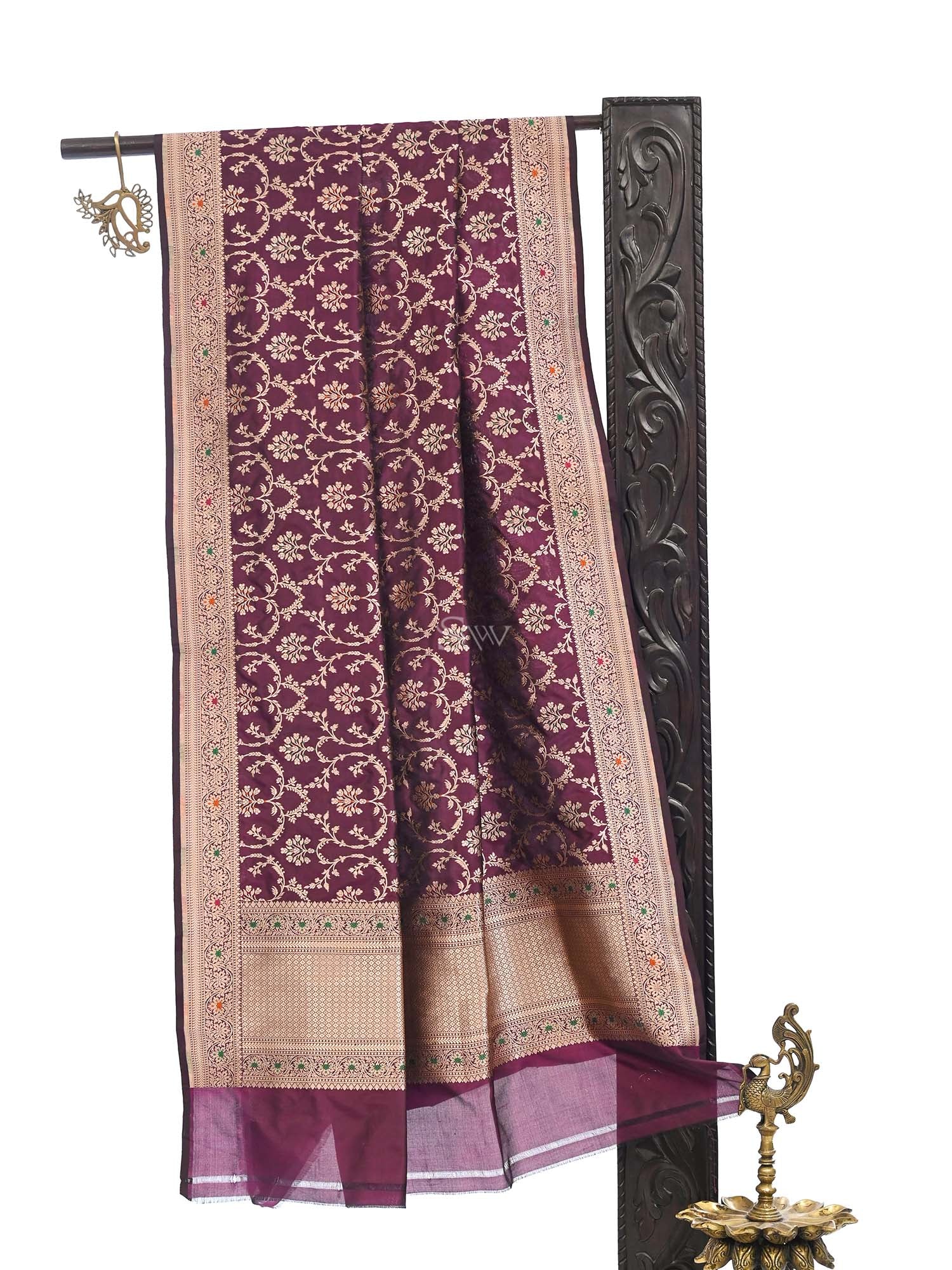 Wine Meenakari Jaal Katan Silk Handloom Banarasi Dupatta - Sacred Weaves