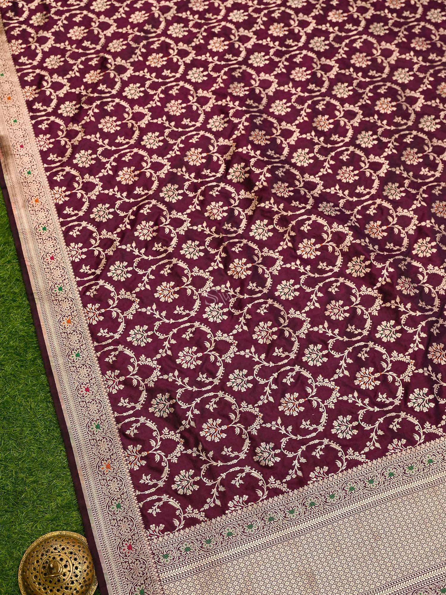 Wine Meenakari Jaal Katan Silk Handloom Banarasi Dupatta - Sacred Weaves