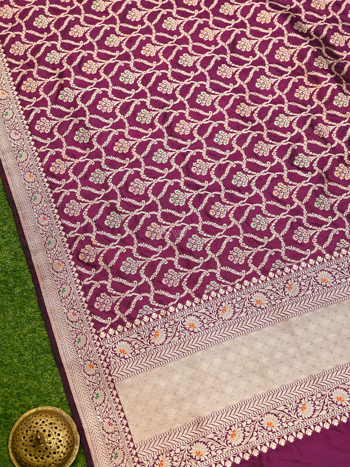 Wine Meenakari Jaal Katan Silk Handloom Banarasi Dupatta - Sacred Weaves