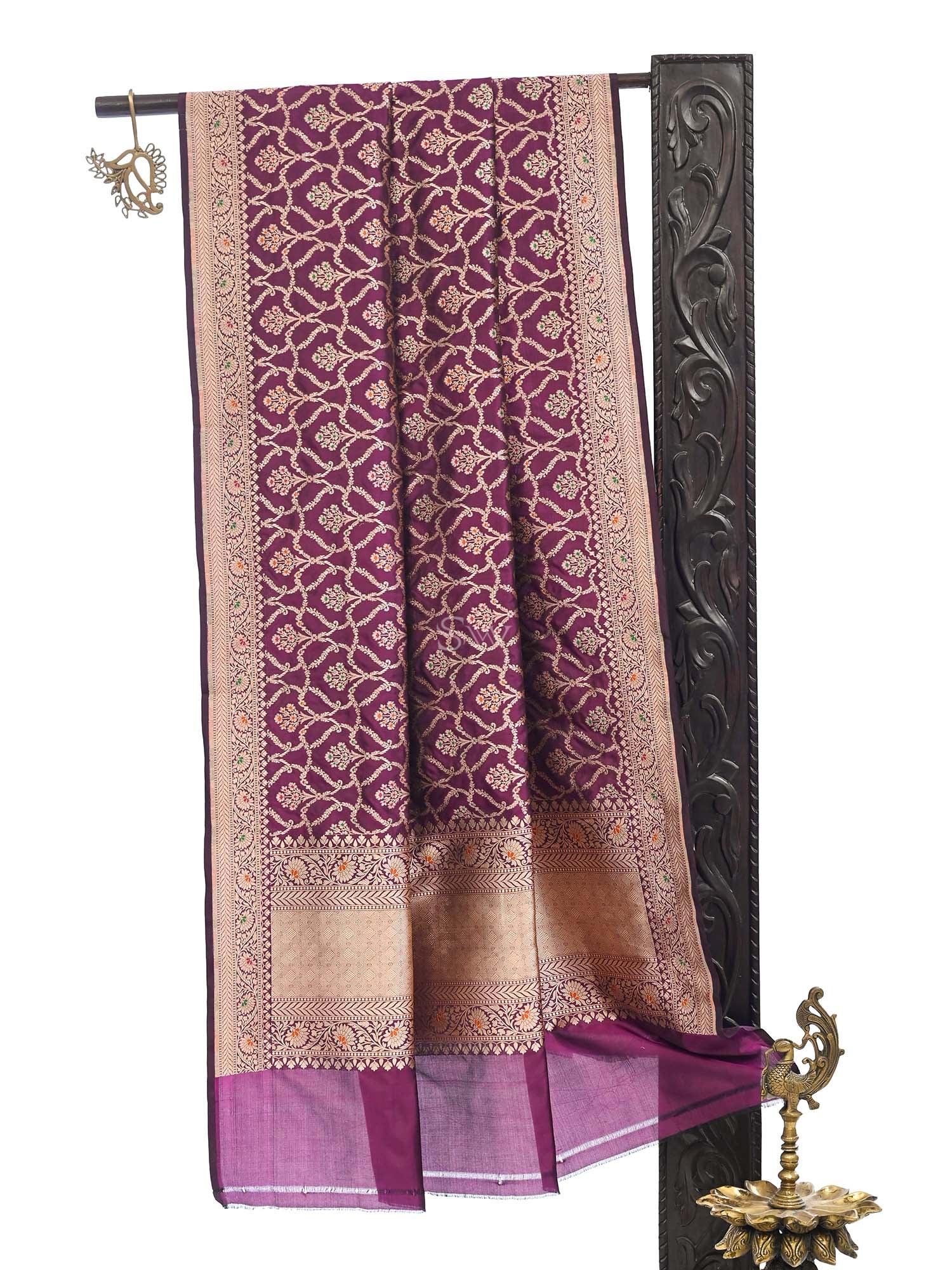 Wine Meenakari Jaal Katan Silk Handloom Banarasi Dupatta - Sacred Weaves