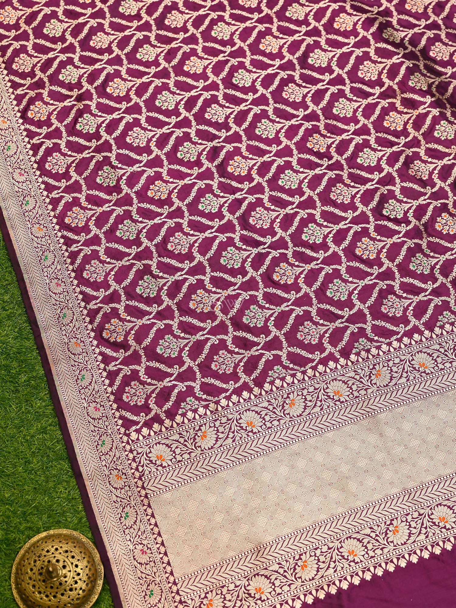 Wine Meenakari Jaal Katan Silk Handloom Banarasi Dupatta - Sacred Weaves