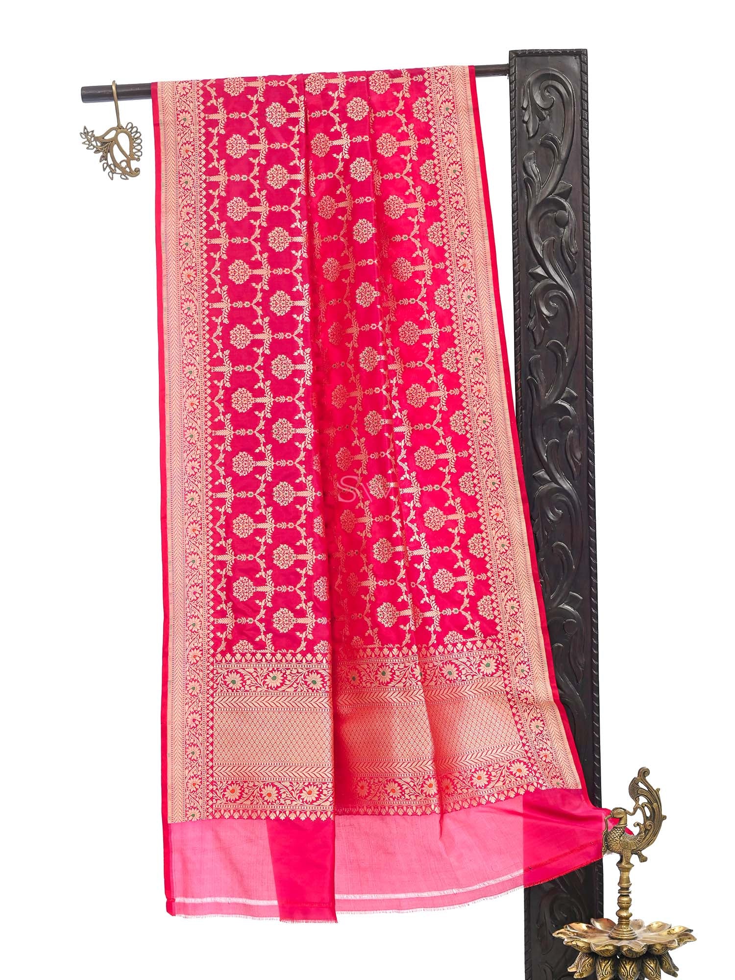 Pink Red Meenakari Jaal Katan Silk Handloom Banarasi Dupatta - Sacred Weaves