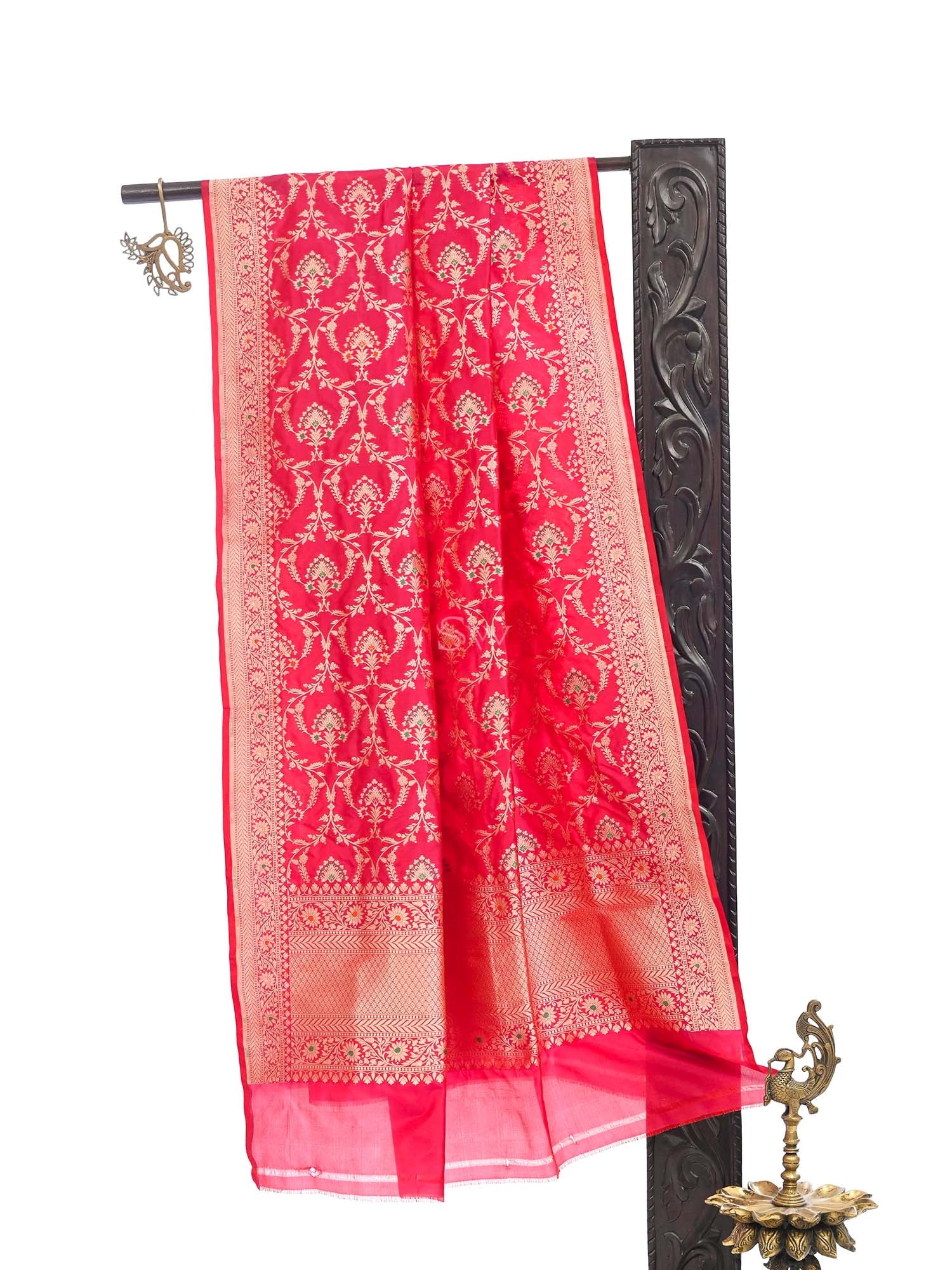 Pink Red Meenakari Jaal Katan Silk Handloom Banarasi Dupatta - undefined