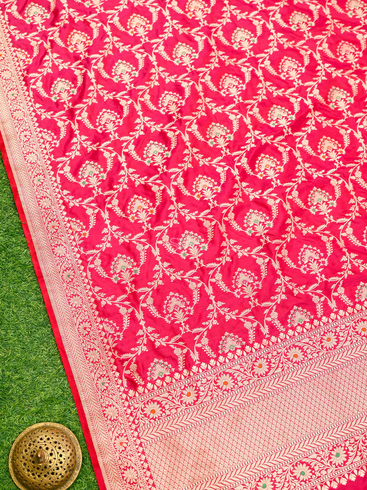 Pink Red Meenakari Jaal Katan Silk Handloom Banarasi Dupatta - undefined
