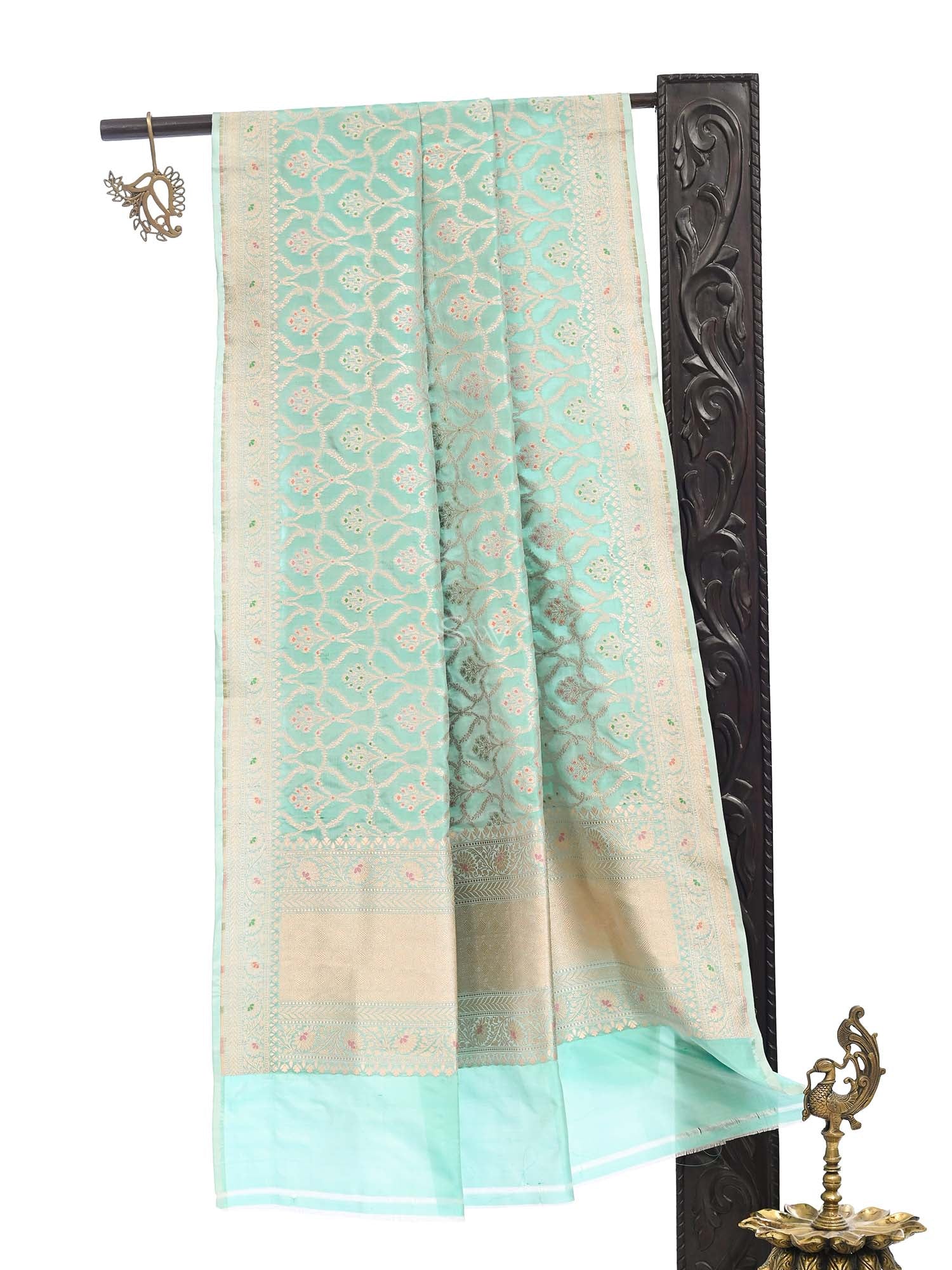 Sea Green Meenakari Jaal Katan Silk Handloom Banarasi Dupatta - Sacred Weaves
