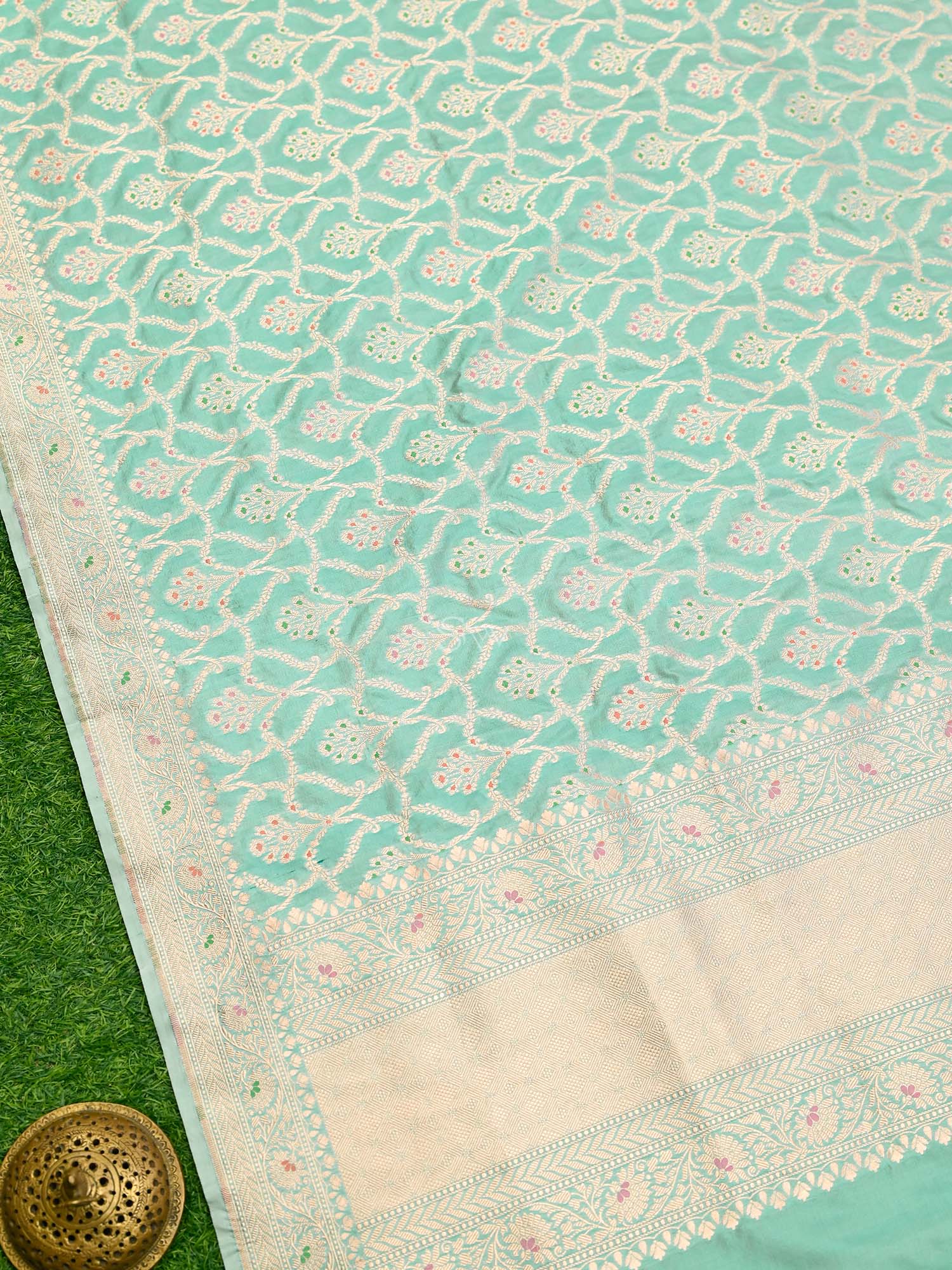 Sea Green Meenakari Jaal Katan Silk Handloom Banarasi Dupatta - Sacred Weaves