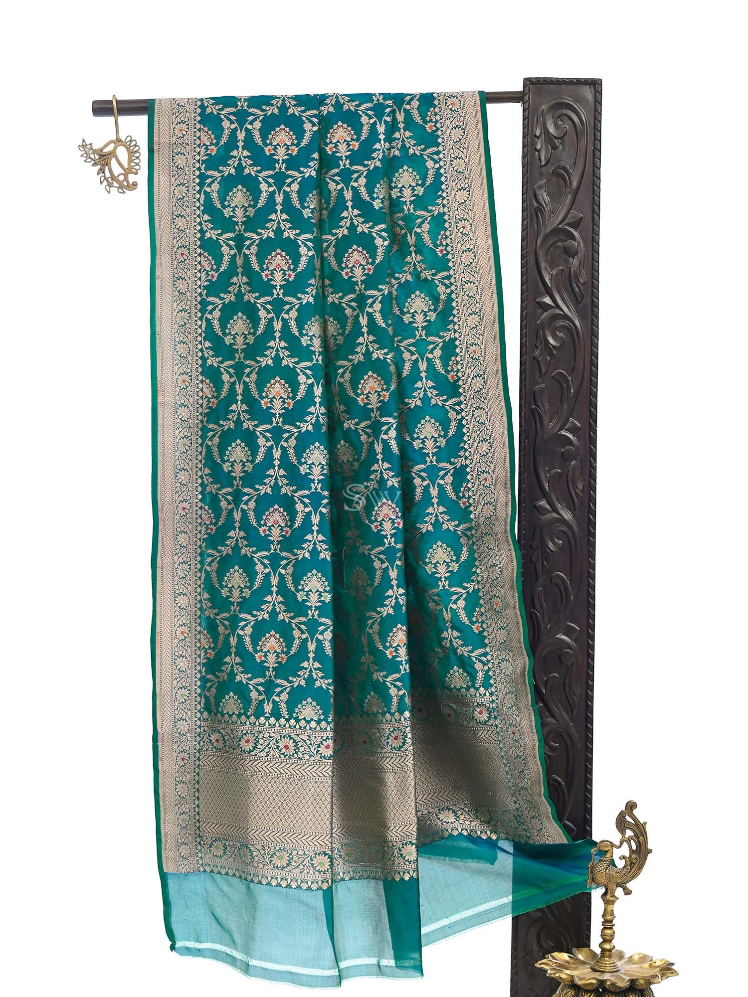 Teal Green Meenakari Jaal Katan Silk Handloom Banarasi Dupatta - Sacred Weaves