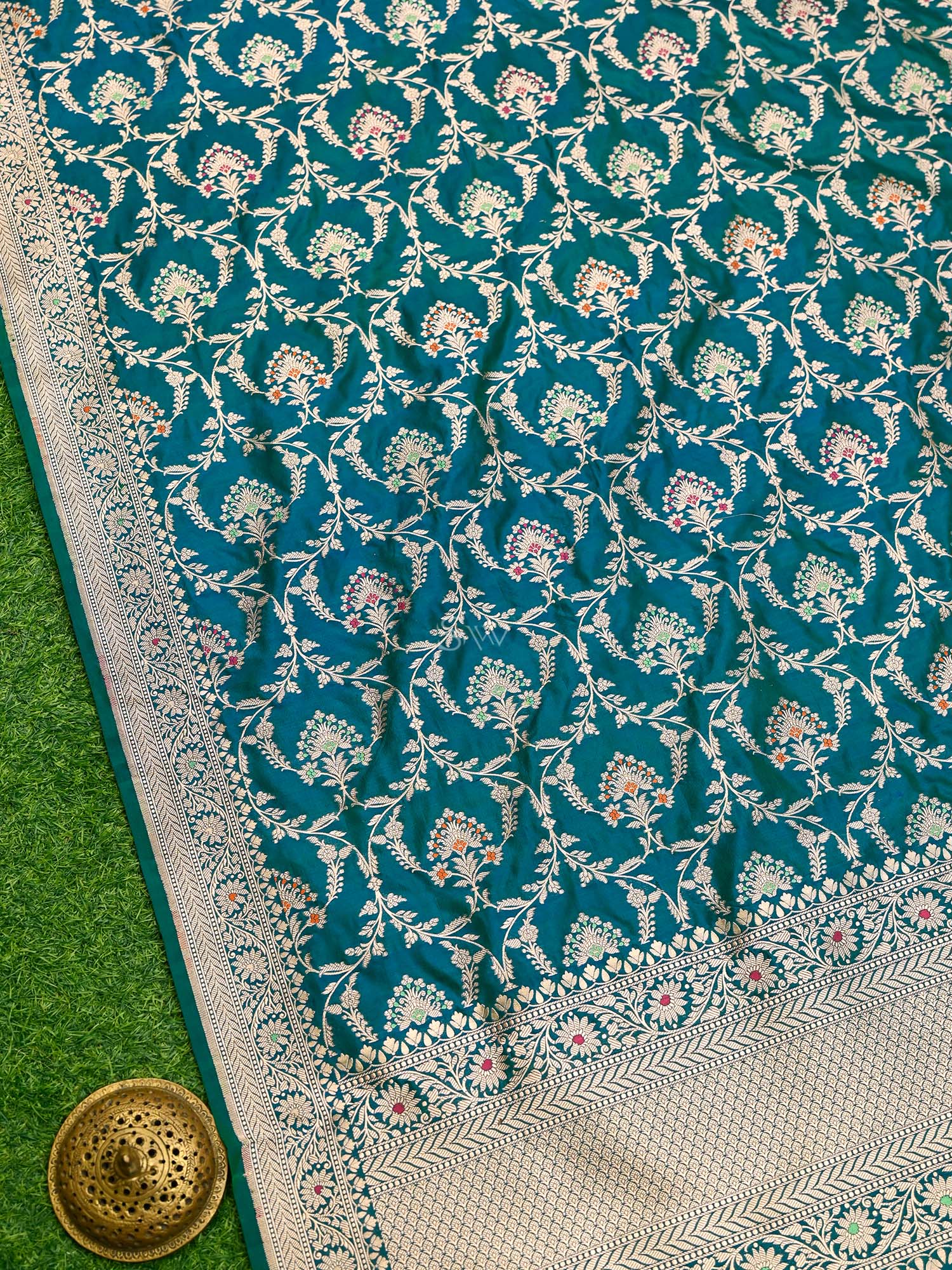 Teal Green Meenakari Jaal Katan Silk Handloom Banarasi Dupatta - Sacred Weaves