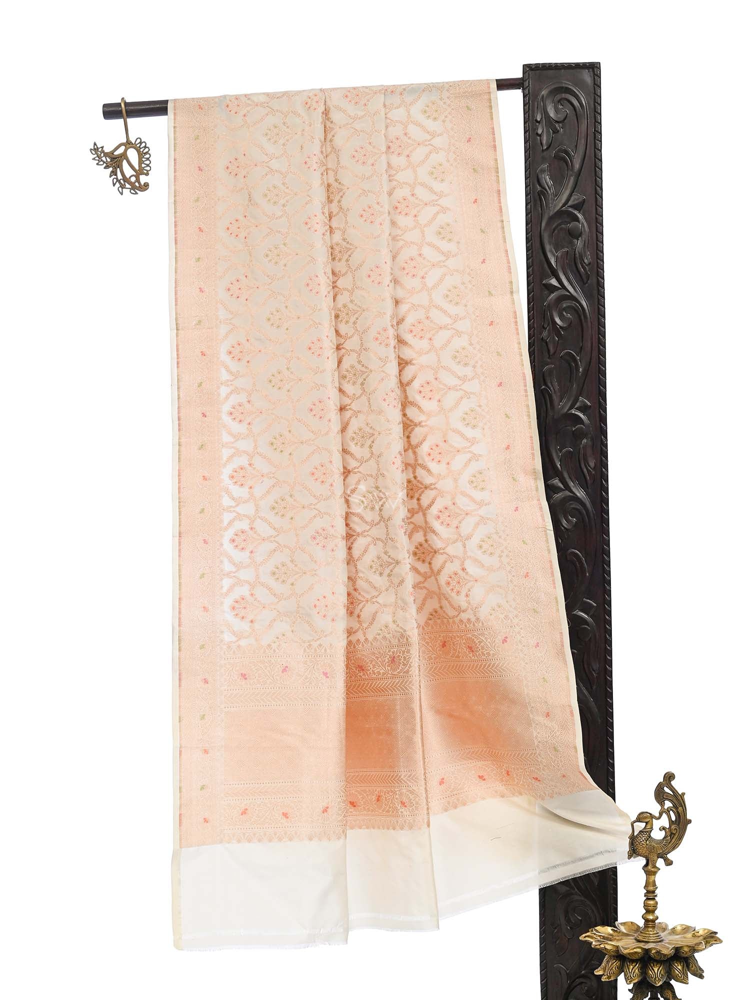 Cream Meenakari Jaal Katan Silk Handloom Banarasi Dupatta - Sacred Weaves