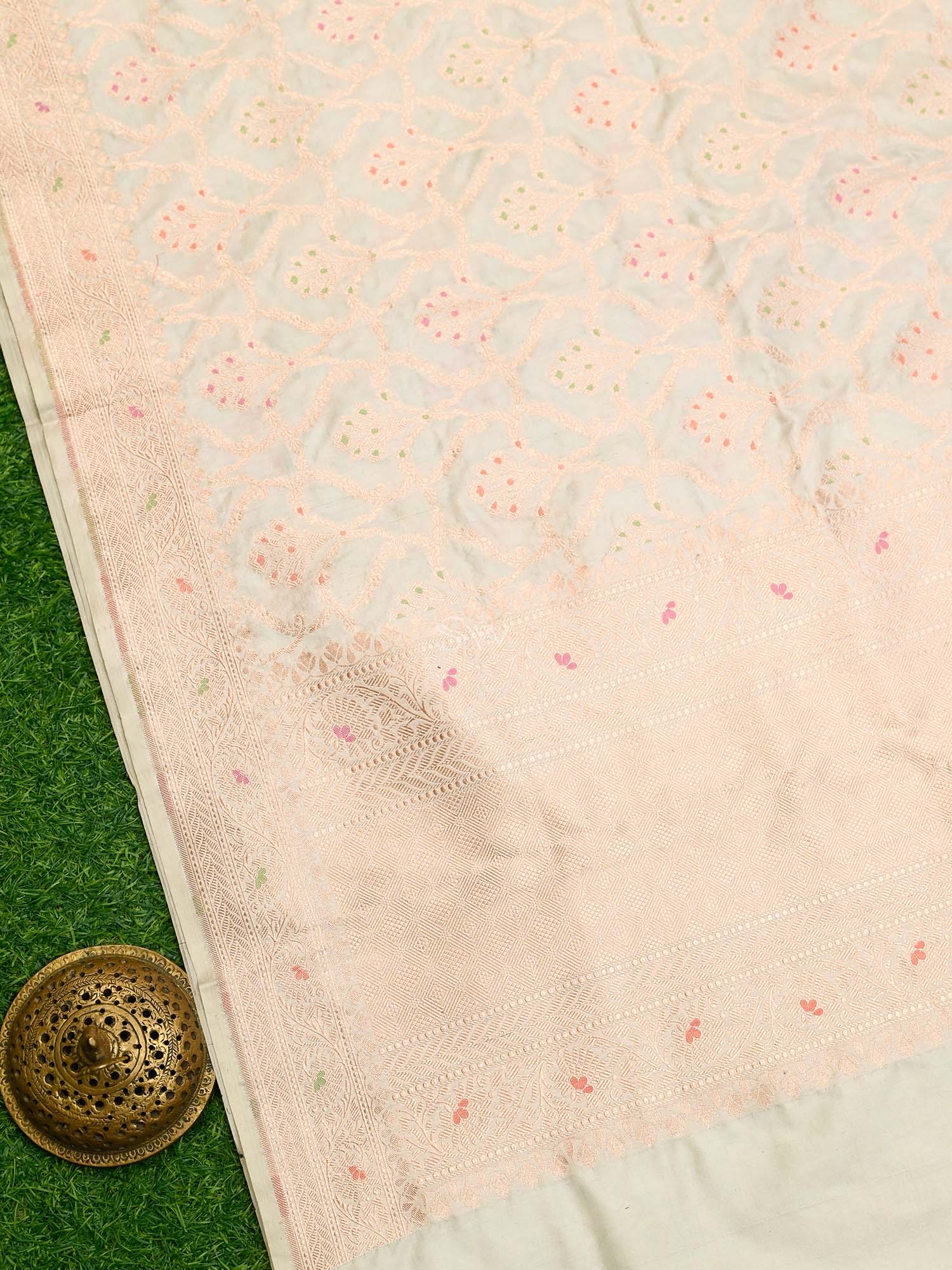 Cream Meenakari Jaal Katan Silk Handloom Banarasi Dupatta - Sacred Weaves