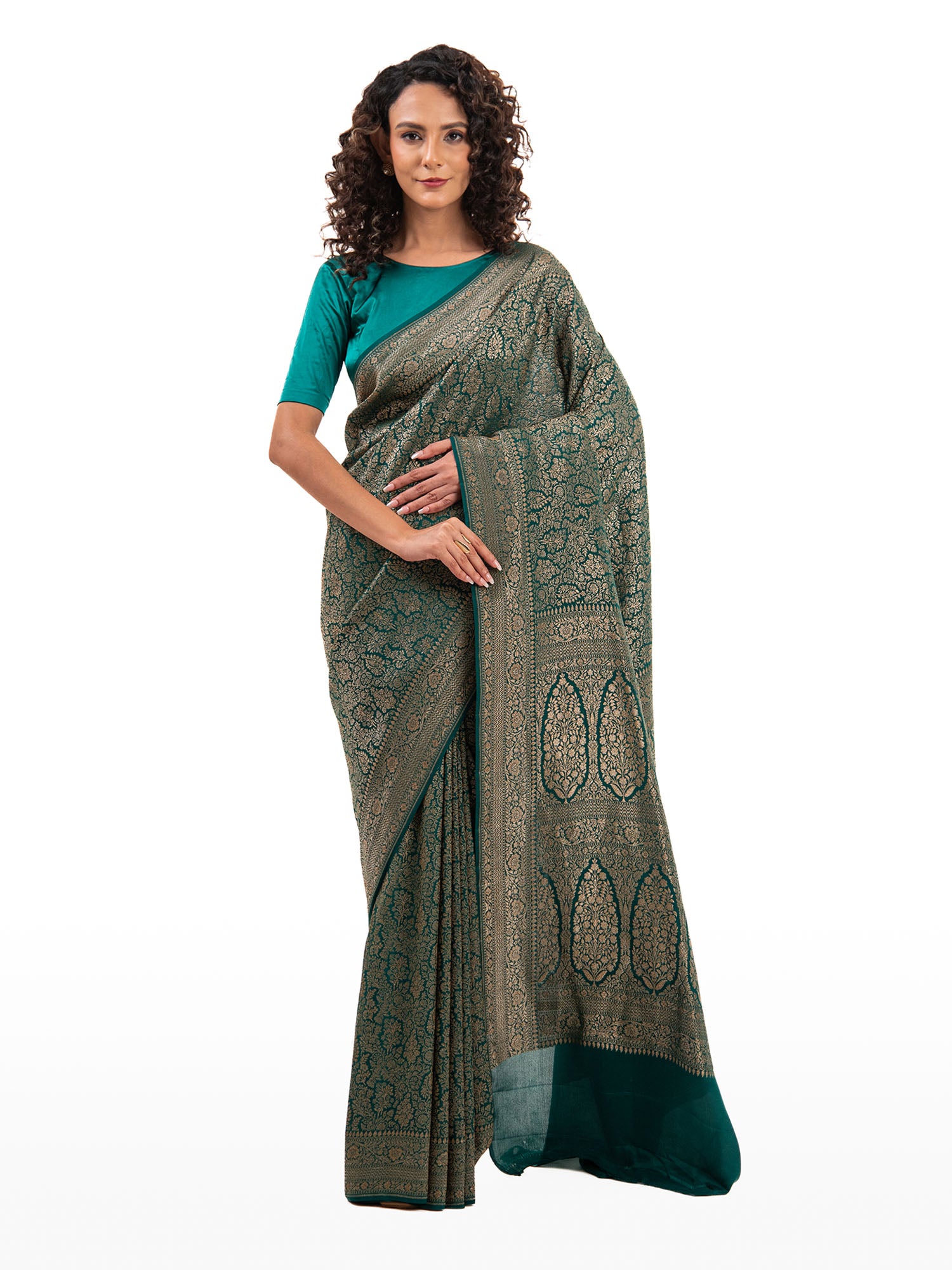 Bottle Green Jaal Crepe Silk Handloom Banarasi Saree - Sacred Weaves
