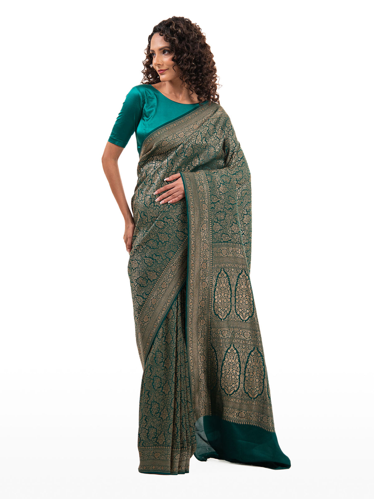 Bottle Green Jaal Crepe Silk Handloom Banarasi Saree - Sacred Weaves