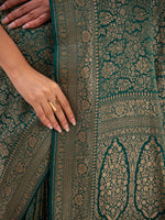 Bottle Green Jaal Crepe Silk Handloom Banarasi Saree - Sacred Weaves