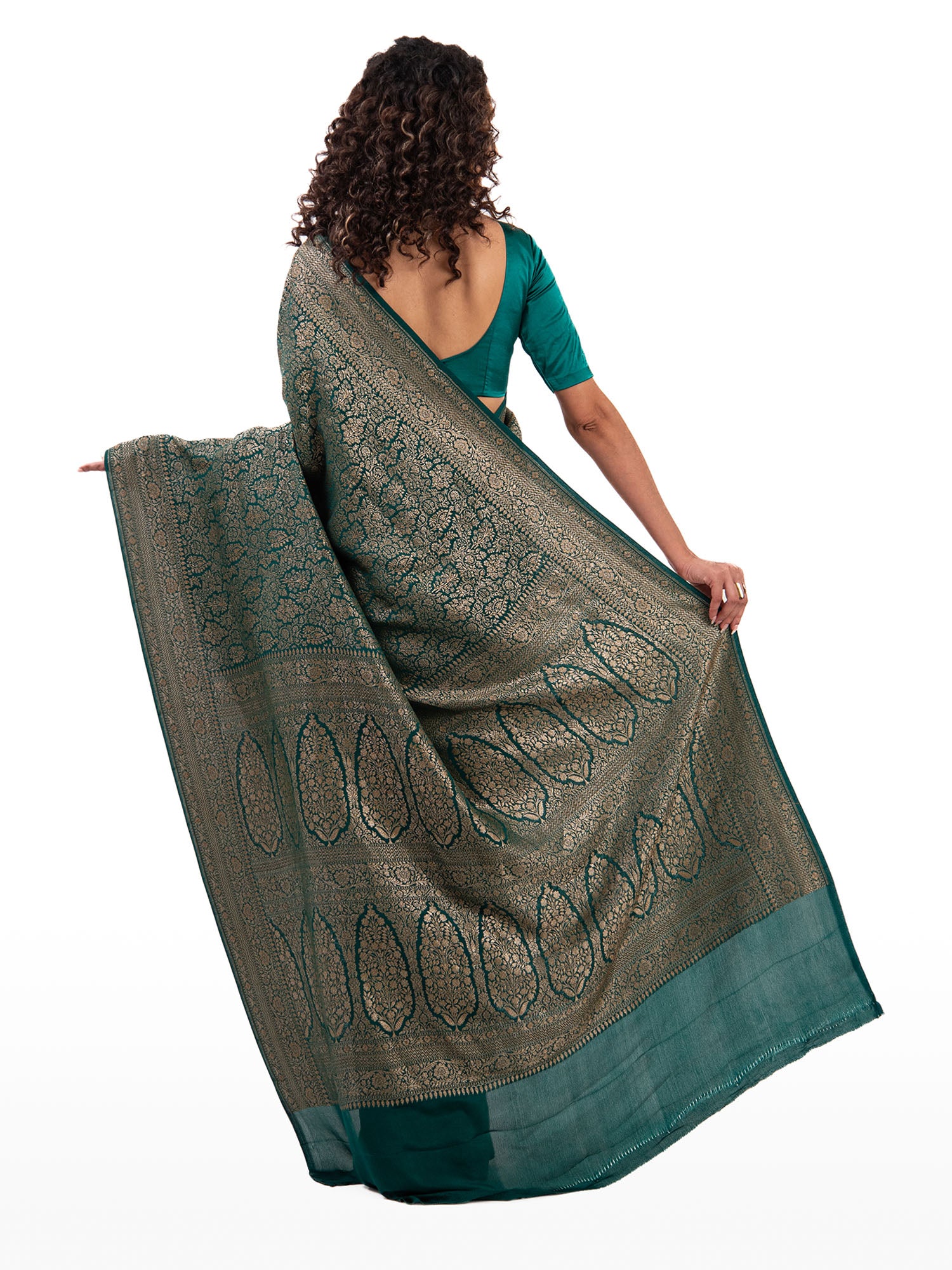 Bottle Green Jaal Crepe Silk Handloom Banarasi Saree - Sacred Weaves