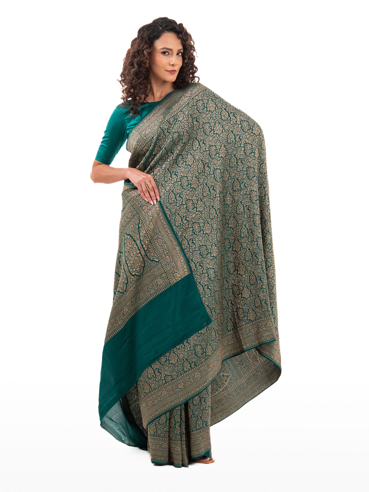 Bottle Green Jaal Crepe Silk Handloom Banarasi Saree - Sacred Weaves