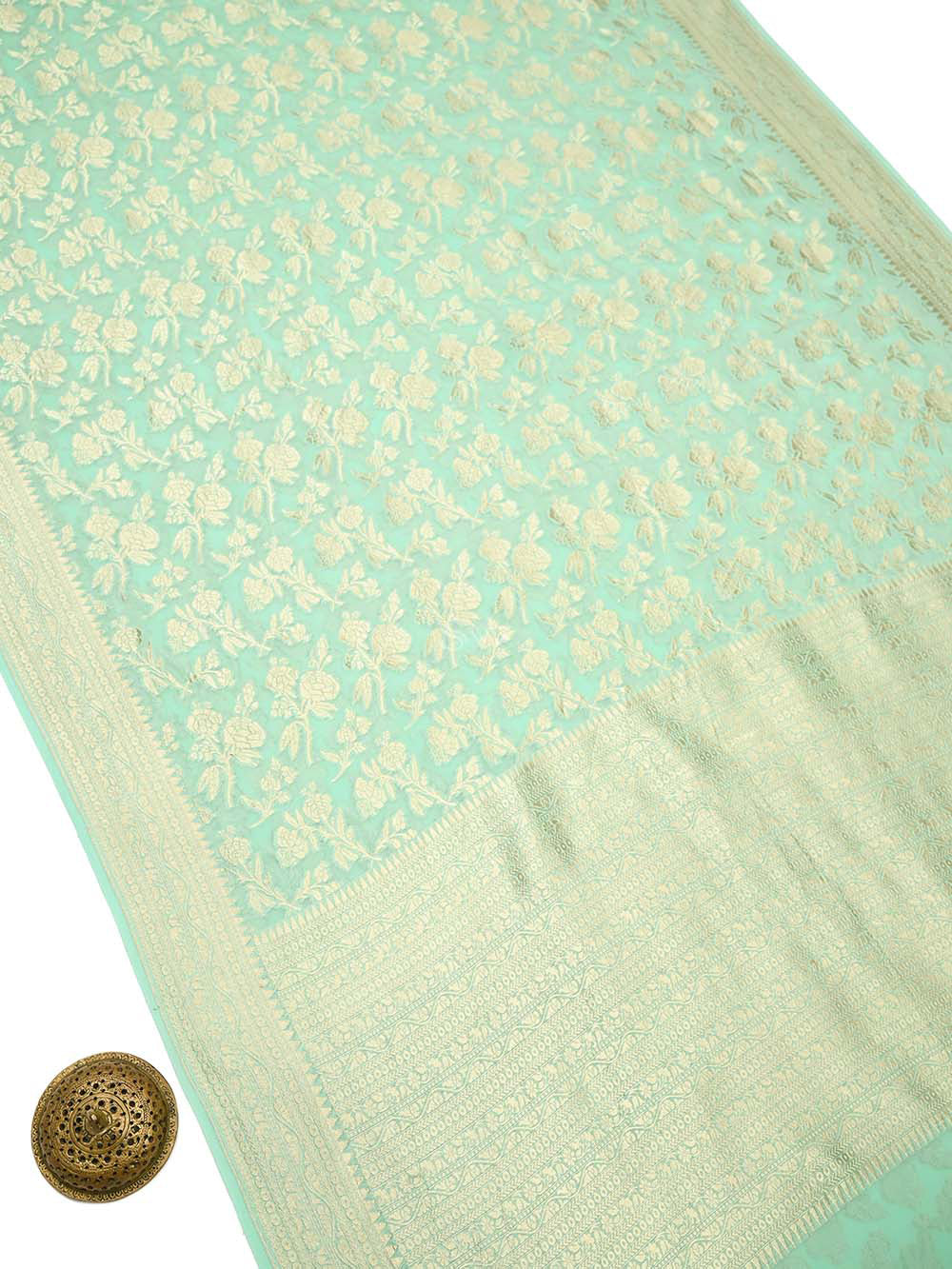 Aqua Green Jaal Khaddi Georgette Handloom Banarasi Saree - Sacred Weaves