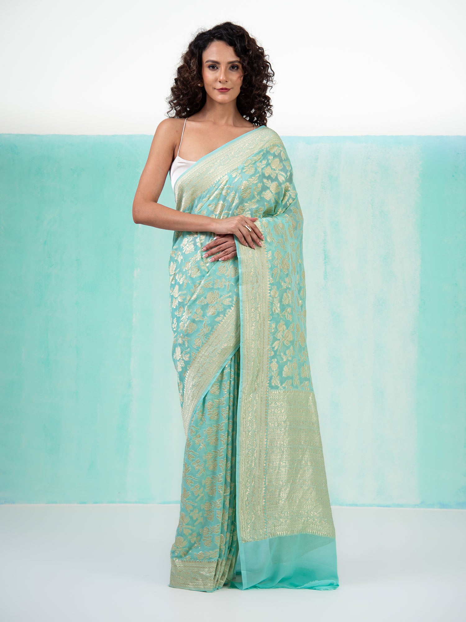 Aqua Blue Jaal Khaddi Georgette Handloom Banarasi Saree - Sacred Weaves